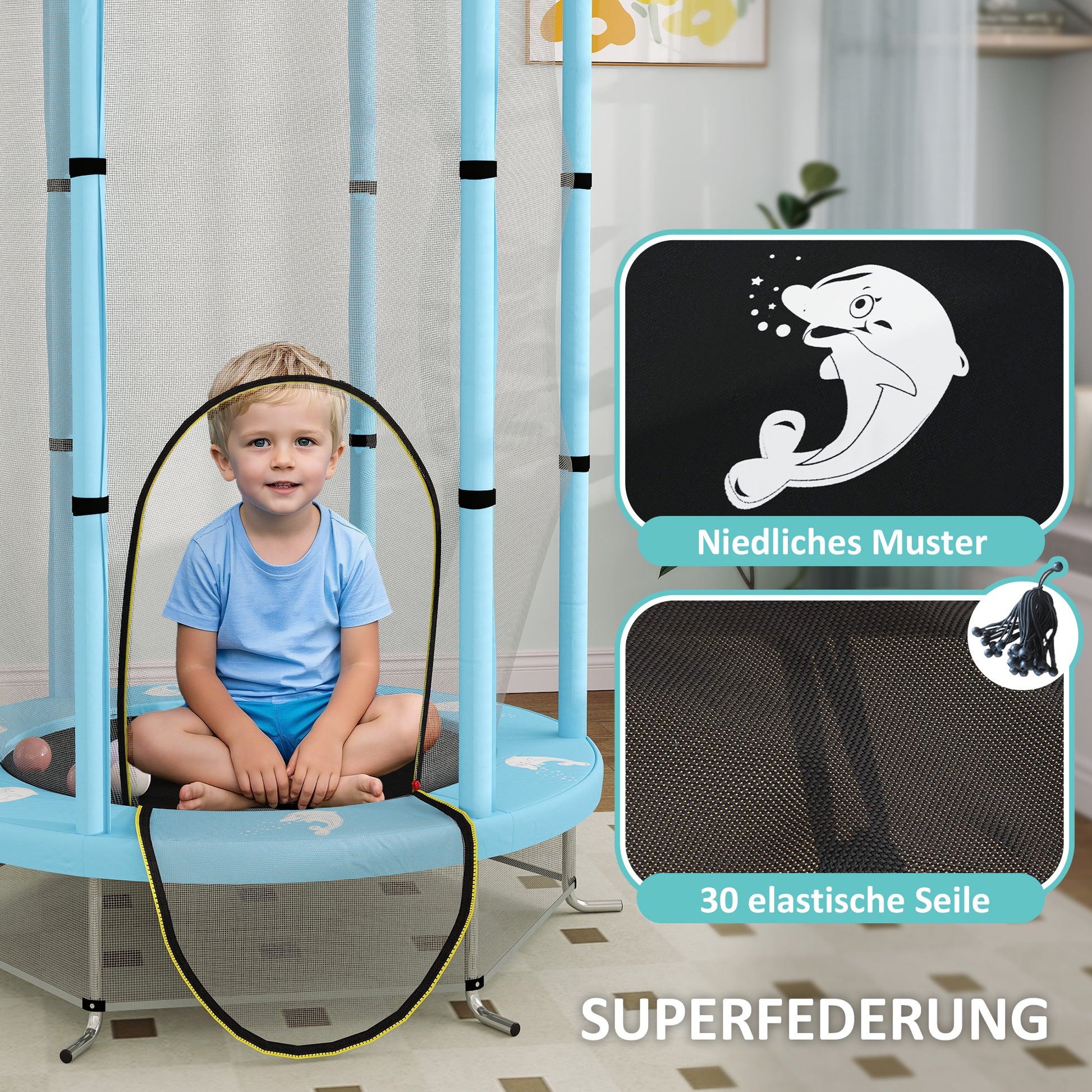 Kids Trampoline Ø140cm Outdoor Trampoline for Kids with Safety Net Zipper Bungee Cord Edge Cover, Garden Trampoline with Cloud Pattern, for Indoor and Outdoor