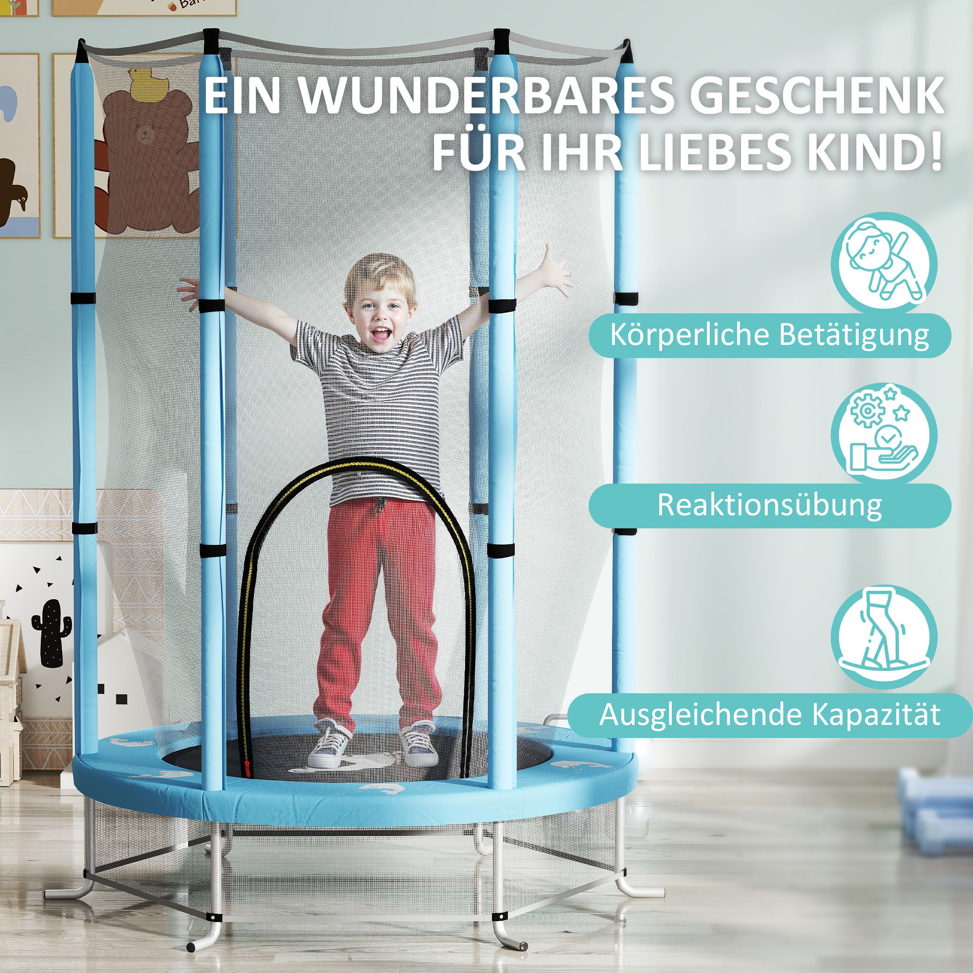 Kids Trampoline Ø140cm Outdoor Trampoline for Kids with Safety Net Zipper Bungee Cord Edge Cover, Garden Trampoline with Cloud Pattern, for Indoor and Outdoor