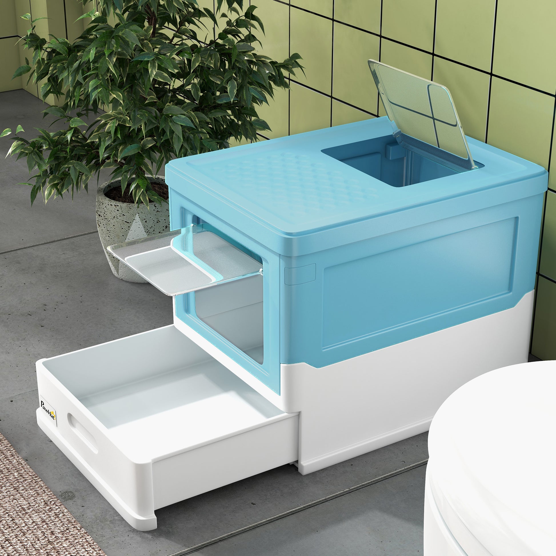 Foldable Cat Litter Box Enclosed Cat Litter Box with Detachable Cover Removable Tray Flip Top Entrance Door and Scoop 47.5x35.5x36.7 cm Blue and White