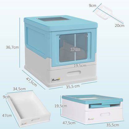 Foldable Cat Litter Box Enclosed Cat Litter Box with Detachable Cover Removable Tray Flip Top Entrance Door and Scoop 47.5x35.5x36.7 cm Blue and White