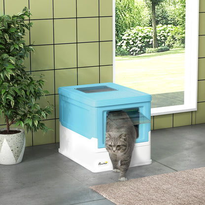 Foldable Cat Litter Box Enclosed Cat Litter Box with Detachable Cover Removable Tray Flip Top Entrance Door and Scoop 47.5x35.5x36.7 cm Blue and White