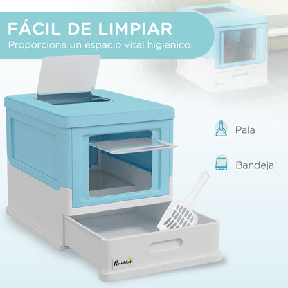 Foldable Cat Litter Box Enclosed Cat Litter Box with Detachable Cover Removable Tray Flip Top Entrance Door and Scoop 47.5x35.5x36.7 cm Blue and White