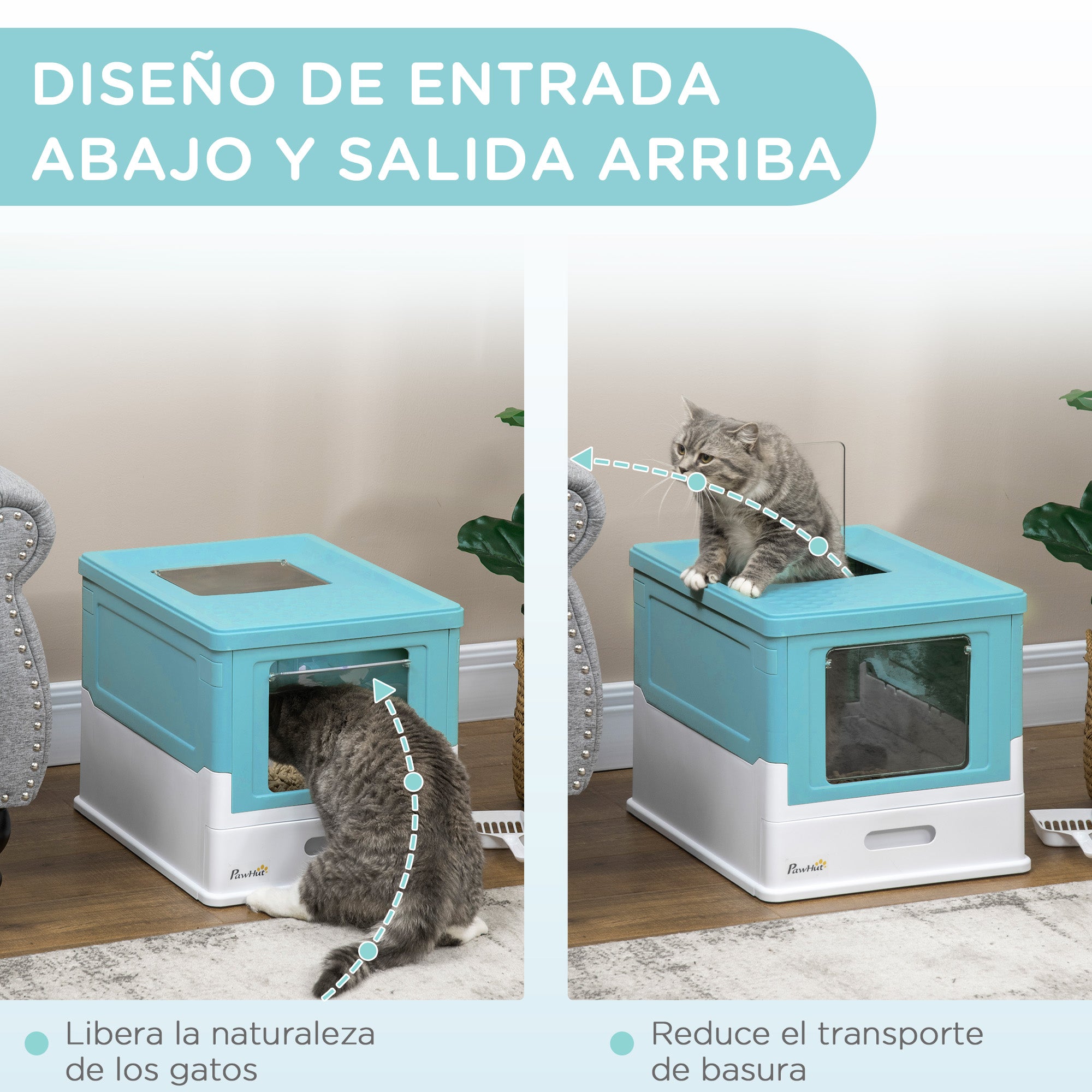 Foldable Cat Litter Box Enclosed Cat Litter Box with Detachable Cover Removable Tray Flip Top Entrance Door and Scoop 47.5x35.5x36.7 cm Blue and White