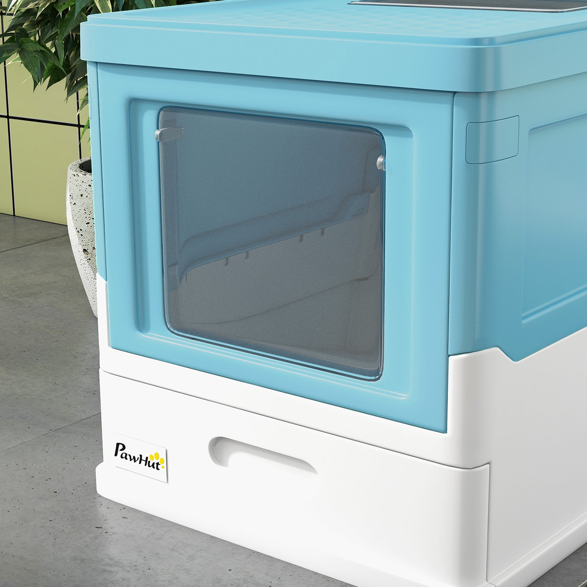 Foldable Cat Litter Box Enclosed Cat Litter Box with Detachable Cover Removable Tray Flip Top Entrance Door and Scoop 47.5x35.5x36.7 cm Blue and White