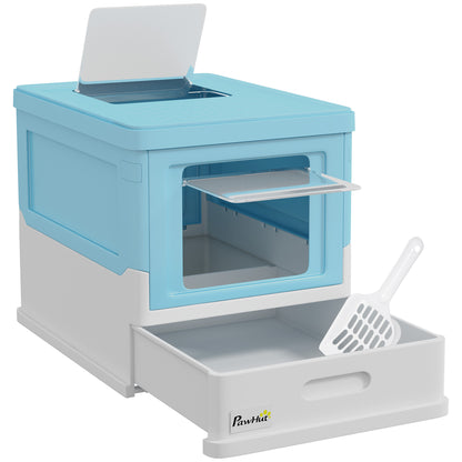 Foldable Cat Litter Box Enclosed Cat Litter Box with Detachable Cover Removable Tray Flip Top Entrance Door and Scoop 47.5x35.5x36.7 cm Blue and White