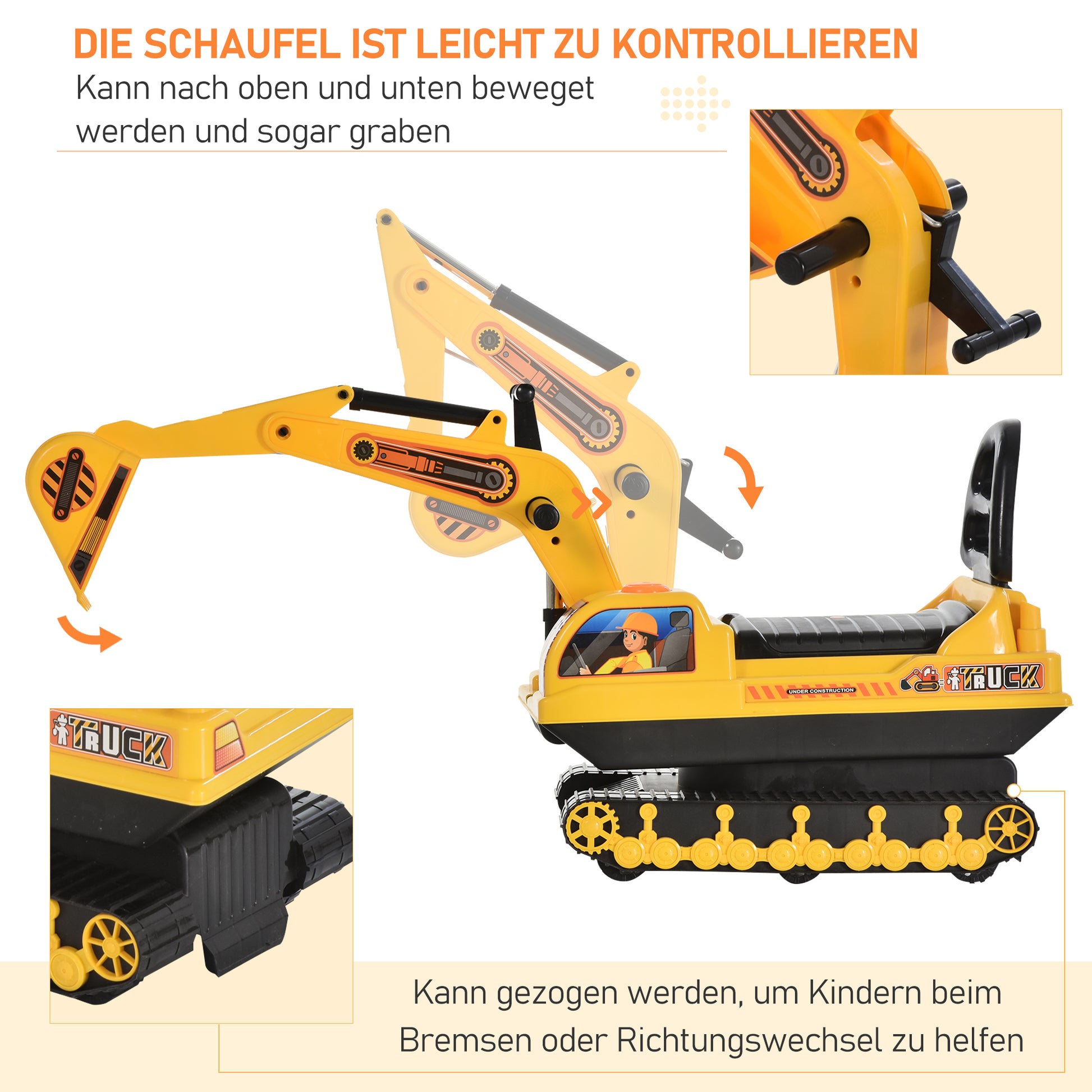 Ride-On Excavator with Shovel Horn, Kids Excavator with Storage Space Under Seat, Ride-On Excavator Vehicle for Sitting up to 30kg, Sand Excavator for Kids 1.5-4 Years Yellow