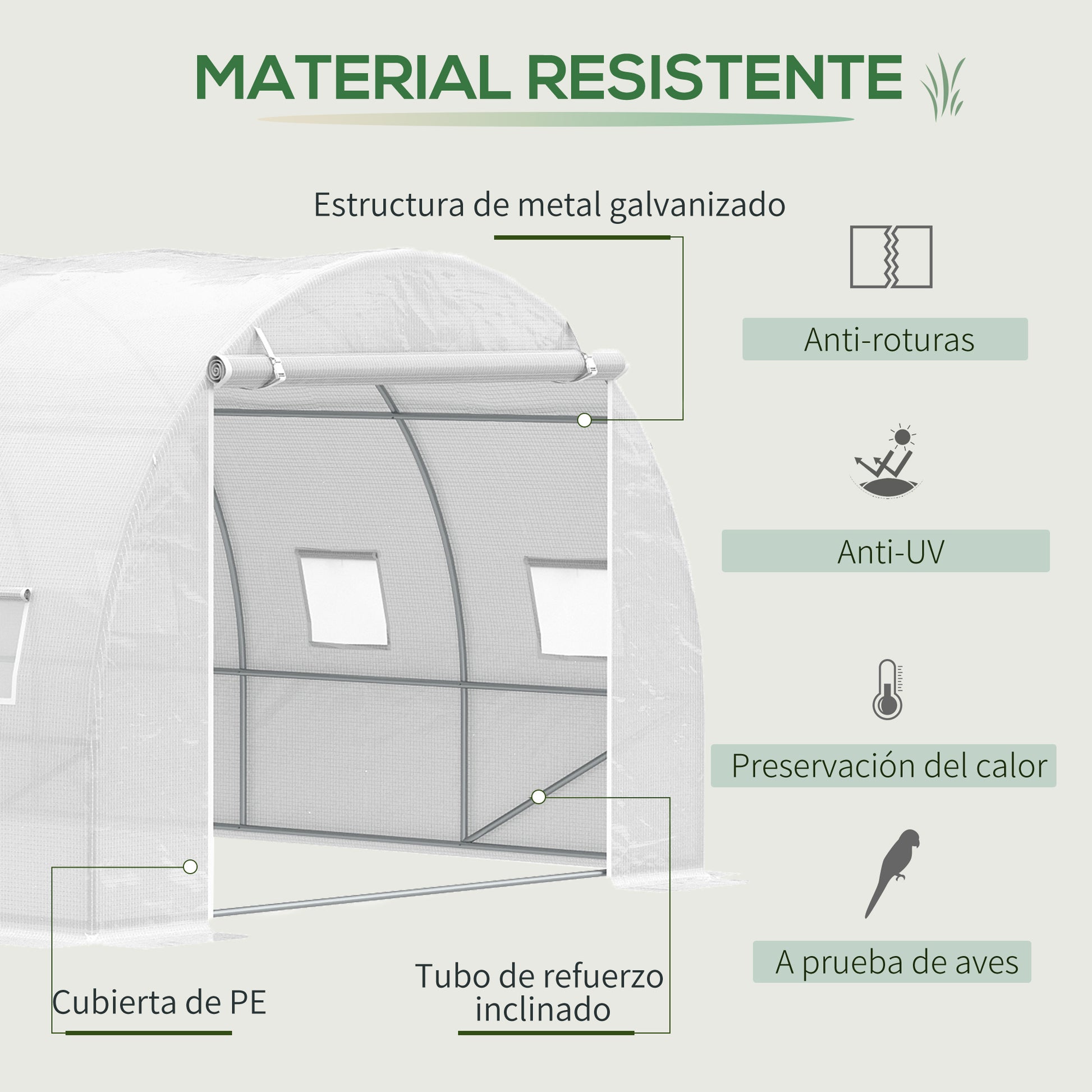 6x3x2 m Tunnel Greenhouse Garden with Roll-Up Door 12 Mesh Windows PE 140 g/m² and Galvanized Metal for Growing Plants Vegetables White