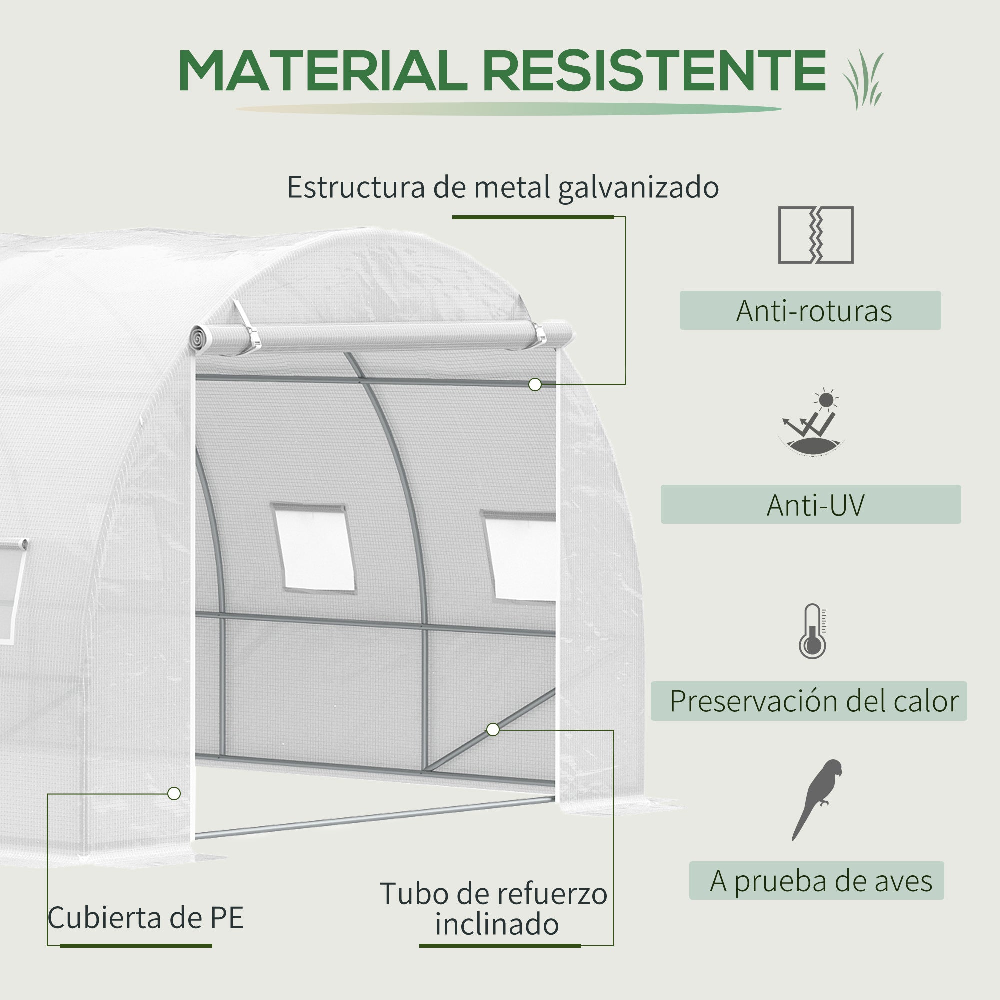 6x3x2 m Tunnel Greenhouse Garden with Roll-Up Door 12 Mesh Windows PE 140 g/m² and Galvanized Metal for Growing Plants Vegetables White
