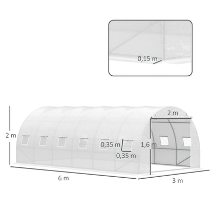 6x3x2 m Tunnel Greenhouse Garden with Roll-Up Door 12 Mesh Windows PE 140 g/m² and Galvanized Metal for Growing Plants Vegetables White