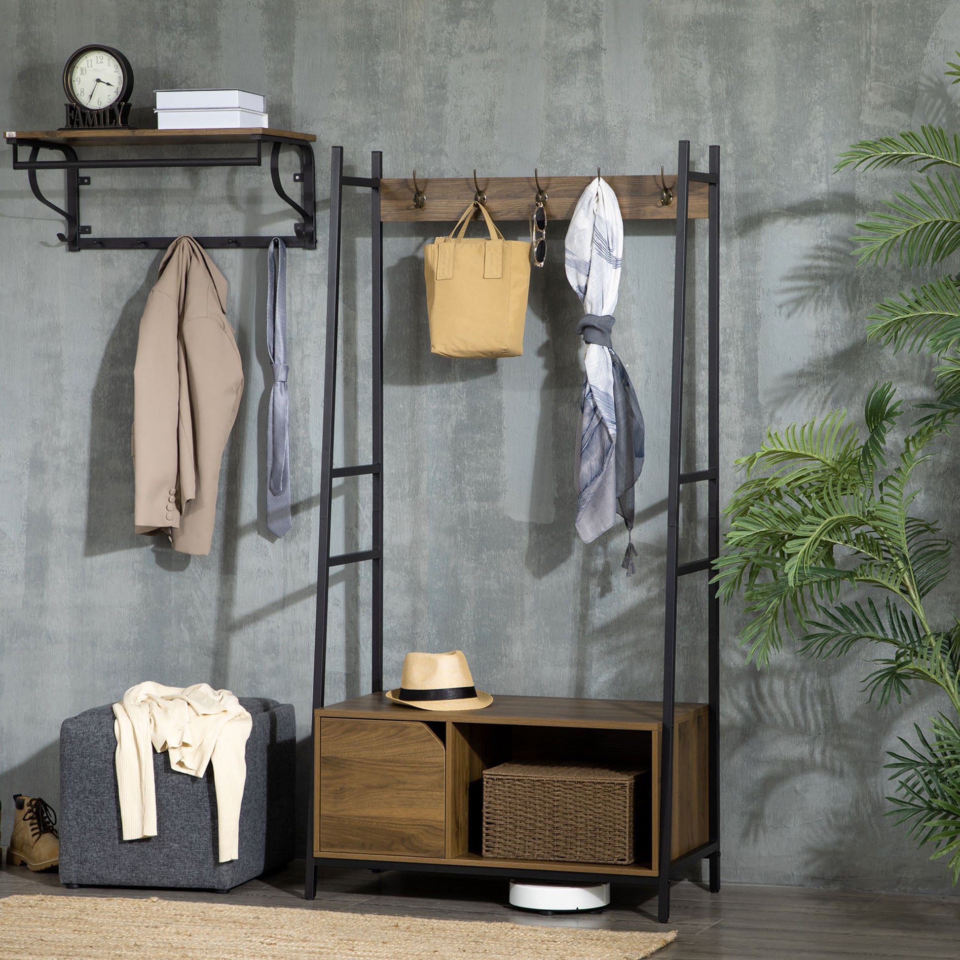 Coat Rack with Shoe Rack Bench Entryway Furniture with 5 Hooks Door and Open Shelf for Hallway Entry 84x40x169 cm Rustic Brown