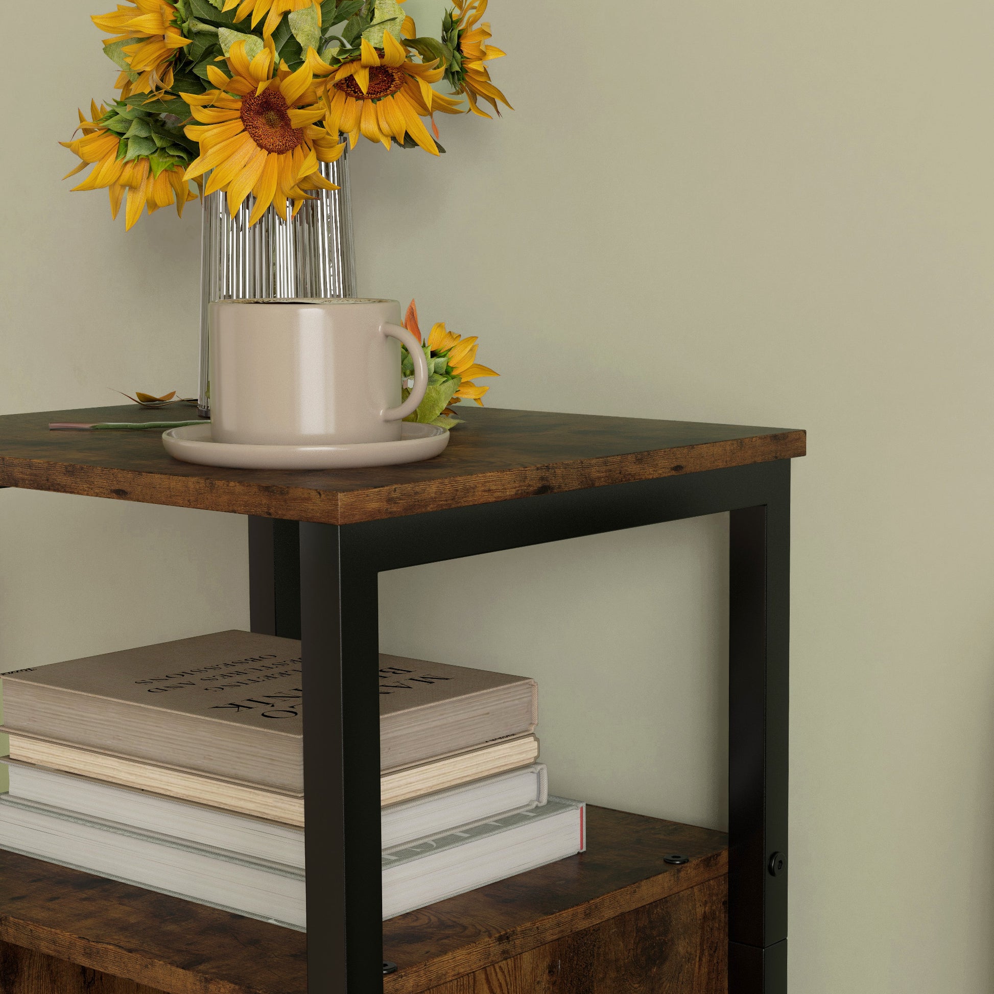 Side Table Narrow Coffee Table with Cabinet and Two Open Shelves, End Table Coffee Table Bedside Table for Living Room Bedroom 34 x 30 x 80 cm Rustic Brown