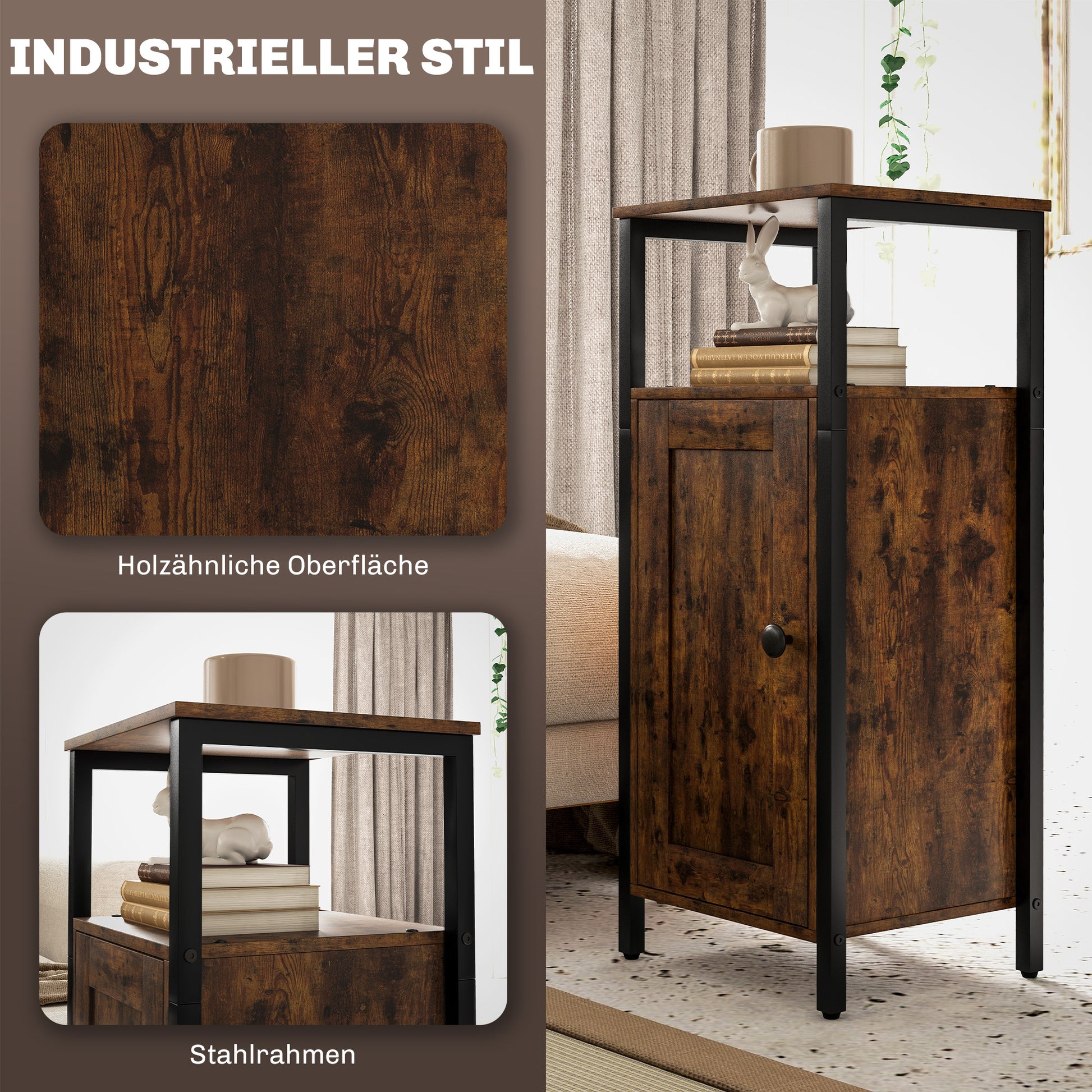 Side Table Narrow Coffee Table with Cabinet and Two Open Shelves, End Table Coffee Table Bedside Table for Living Room Bedroom 34 x 30 x 80 cm Rustic Brown