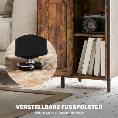 Side Table Narrow Coffee Table with Cabinet and Two Open Shelves, End Table Coffee Table Bedside Table for Living Room Bedroom 34 x 30 x 80 cm Rustic Brown