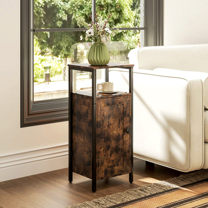 Side Table Narrow Coffee Table with Cabinet and Two Open Shelves, End Table Coffee Table Bedside Table for Living Room Bedroom 34 x 30 x 80 cm Rustic Brown