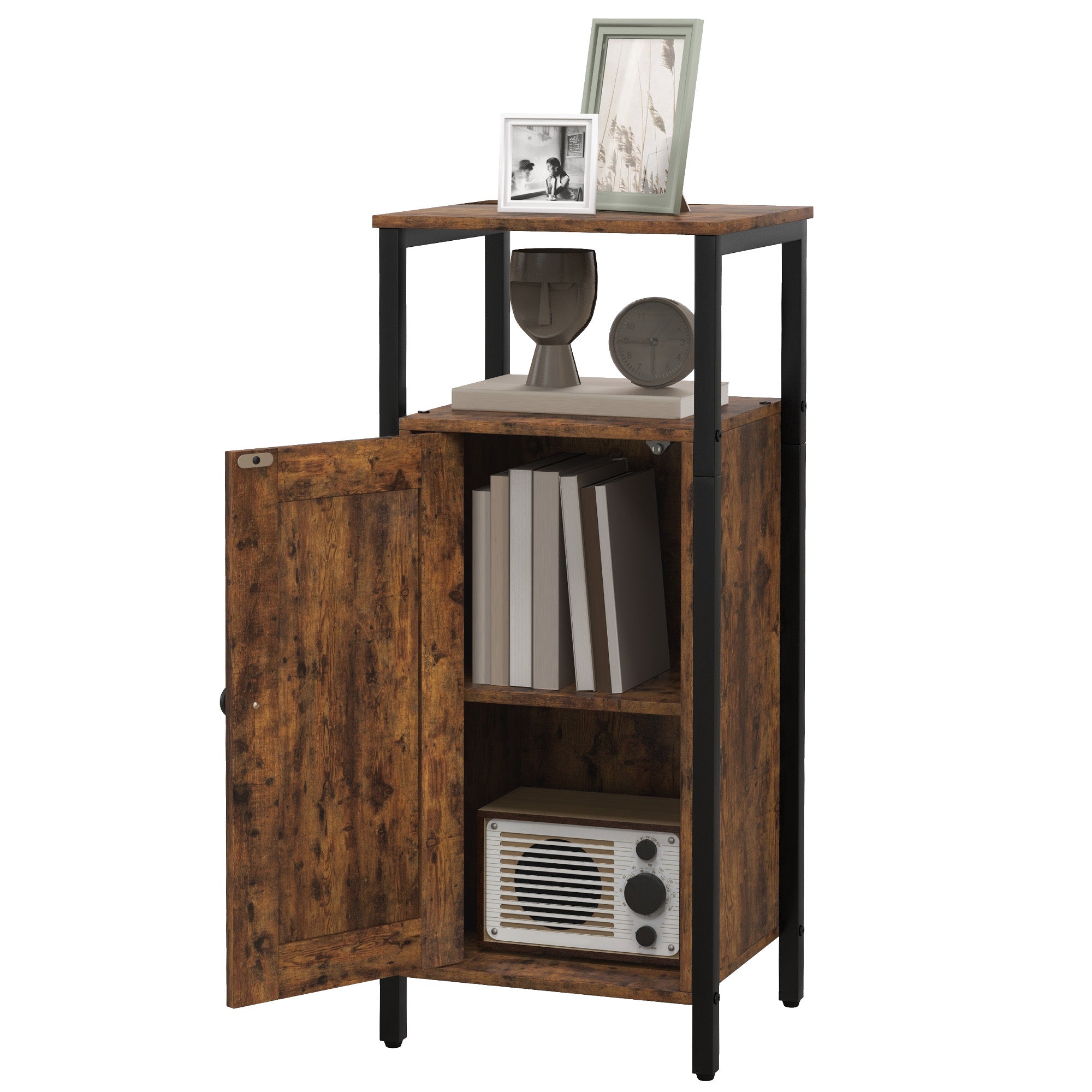 Side Table Narrow Coffee Table with Cabinet and Two Open Shelves, End Table Coffee Table Bedside Table for Living Room Bedroom 34 x 30 x 80 cm Rustic Brown