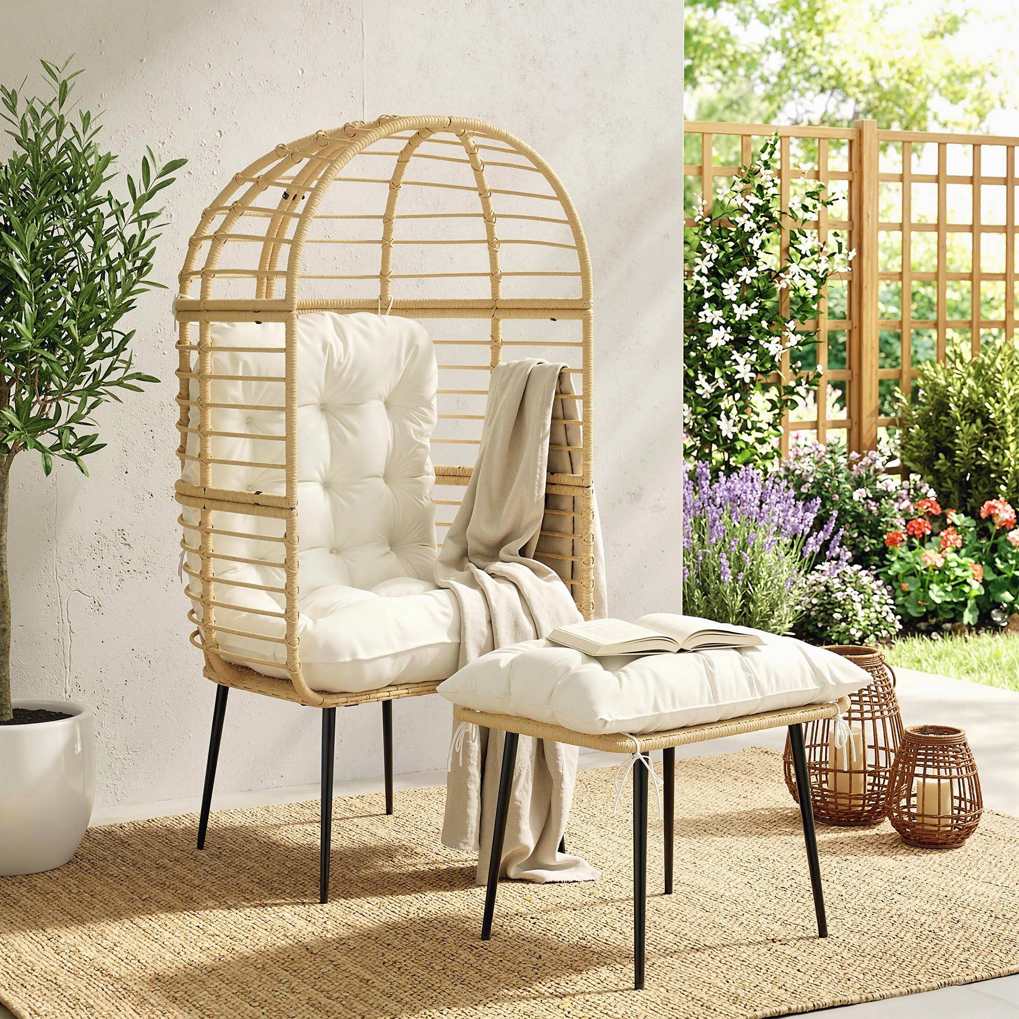 Egg-Shaped PE Rattan Lounge Chair with Ottoman — Boho Patio & Indoor Lounger with Thick Cushions, Powder-Coated Frame, Beige