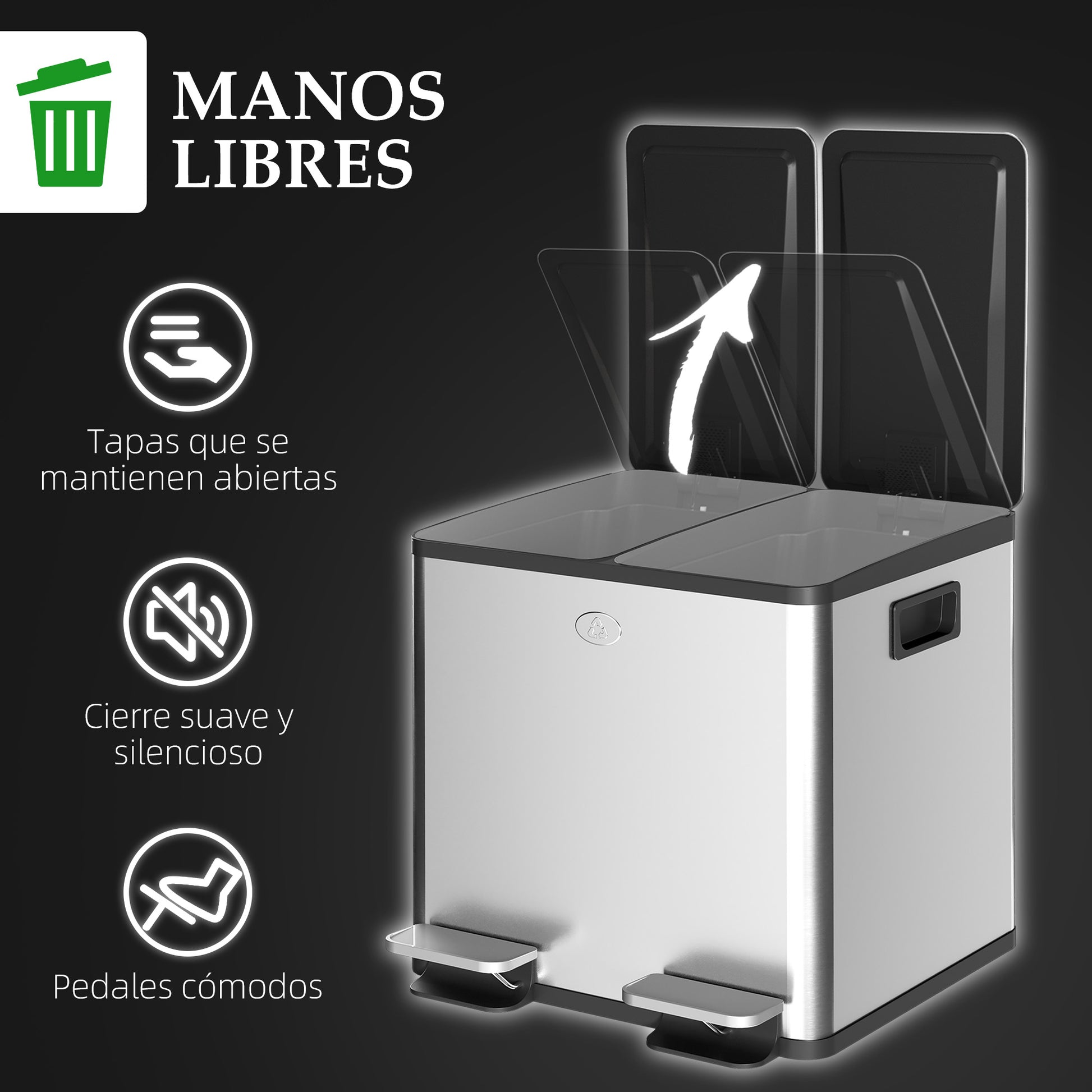 Kitchen Trash Can with 2 Compartments 2x20L Stainless Steel Kitchen Garbage Can with Pedal Soft Close Lids and Removable Bin for Recycling Waste Food Scraps Silver