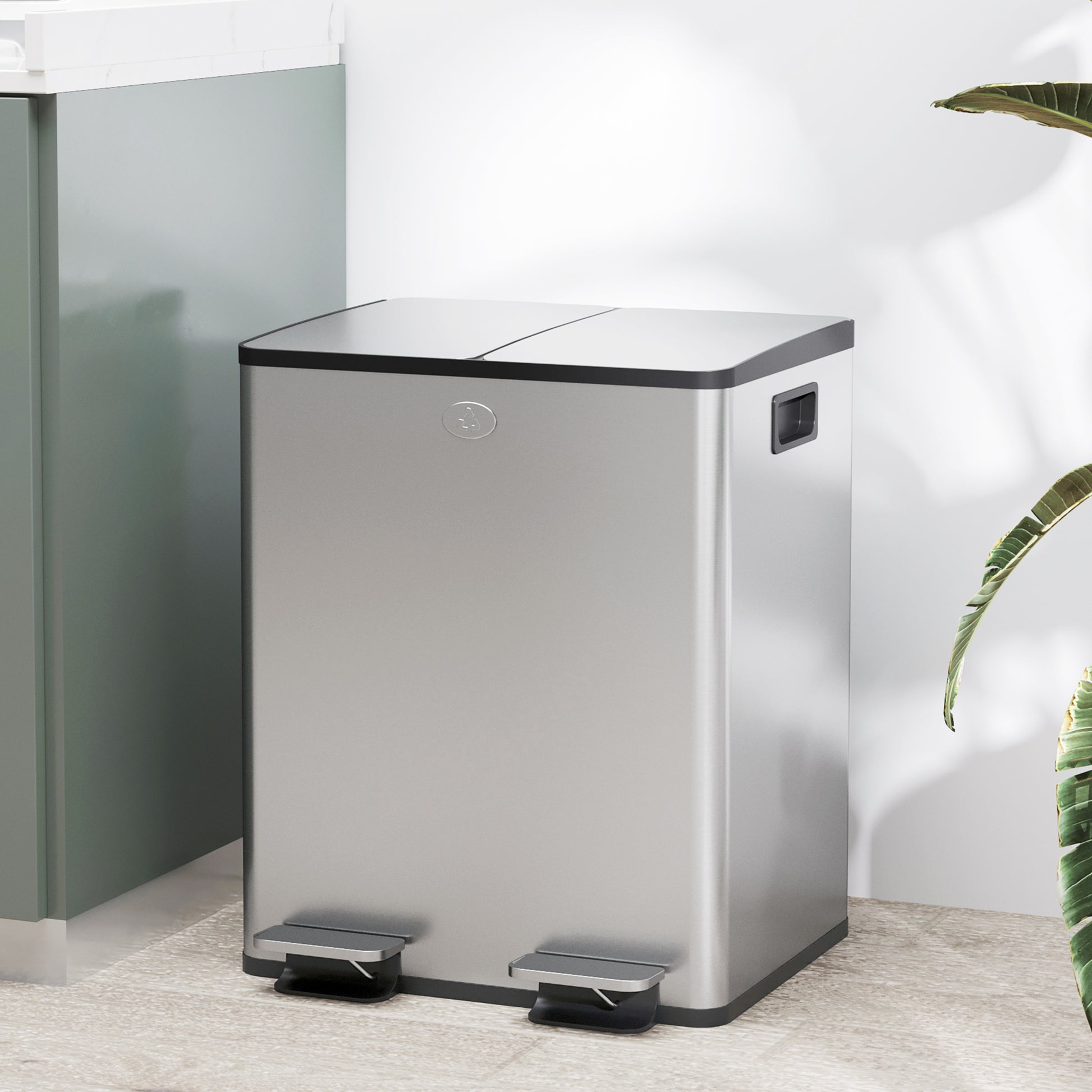 Kitchen Trash Can with 2 Compartments 2x20L Stainless Steel Kitchen Garbage Can with Pedal Soft Close Lids and Removable Bin for Recycling Waste Food Scraps Silver