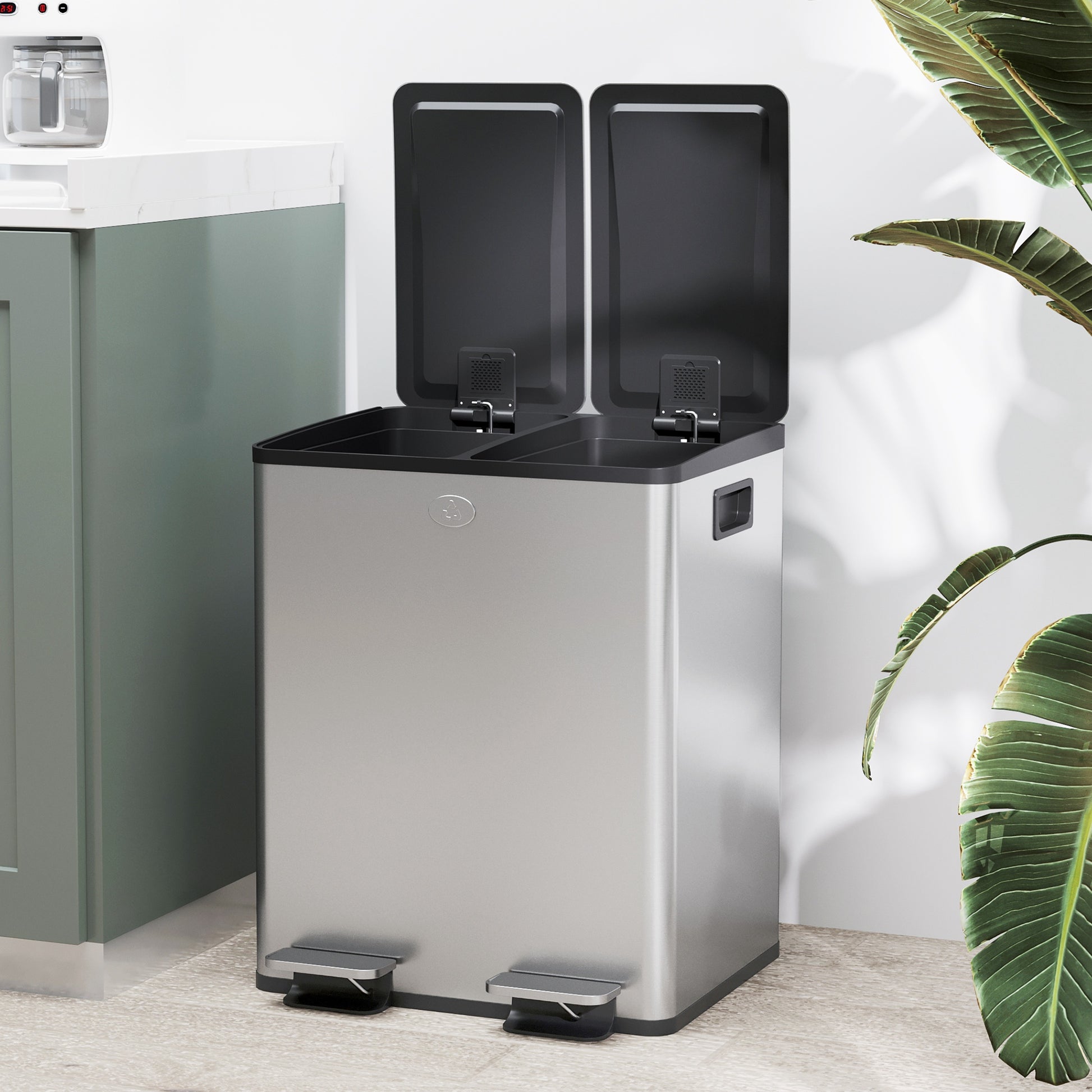 Kitchen Trash Can with 2 Compartments 2x20L Stainless Steel Kitchen Garbage Can with Pedal Soft Close Lids and Removable Bin for Recycling Waste Food Scraps Silver