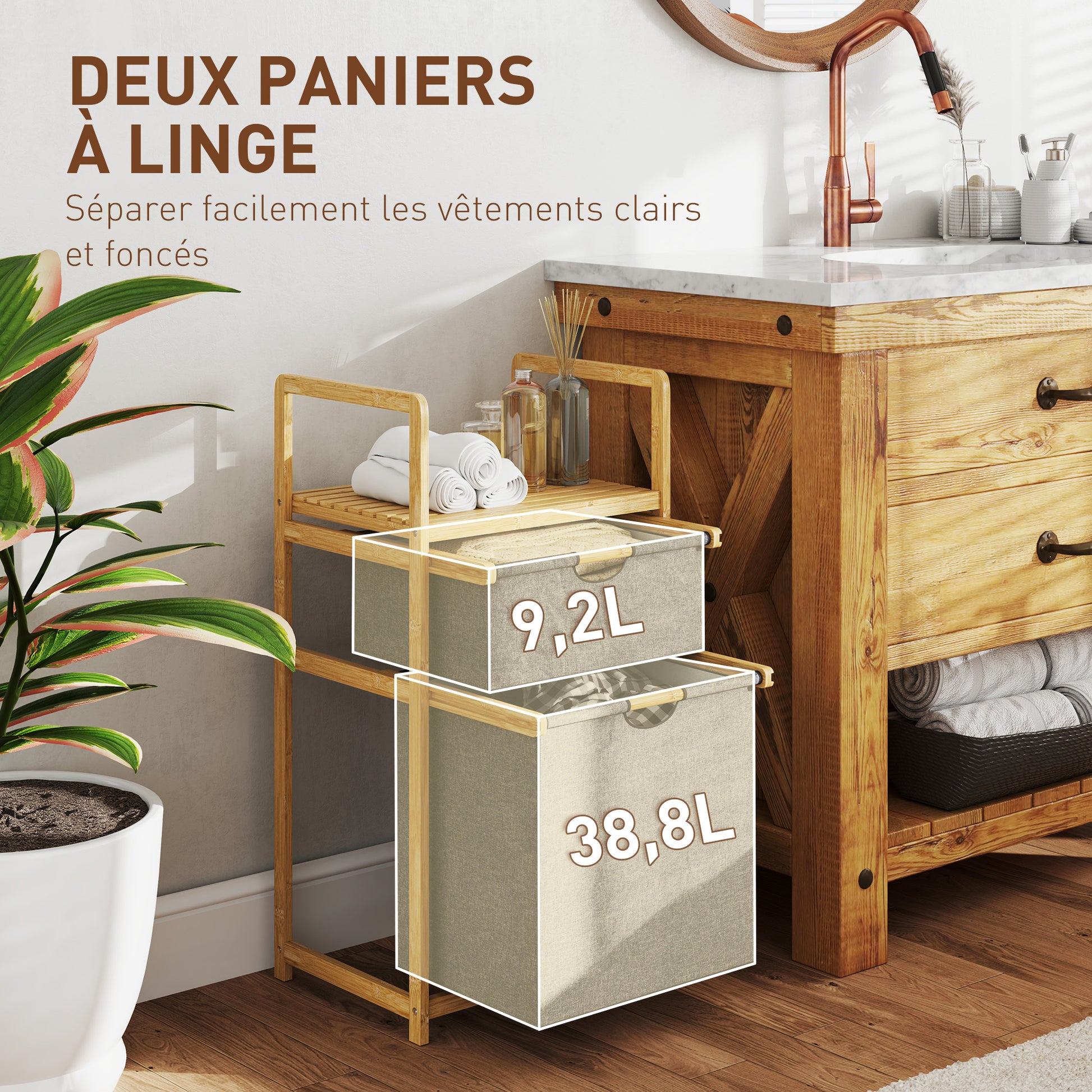 Bamboo Laundry Basket with 2 Sliding Fabric Bags and Slatted Shelf, Laundry Hamper for Bathroom, Bedroom, Laundry Room, Natural