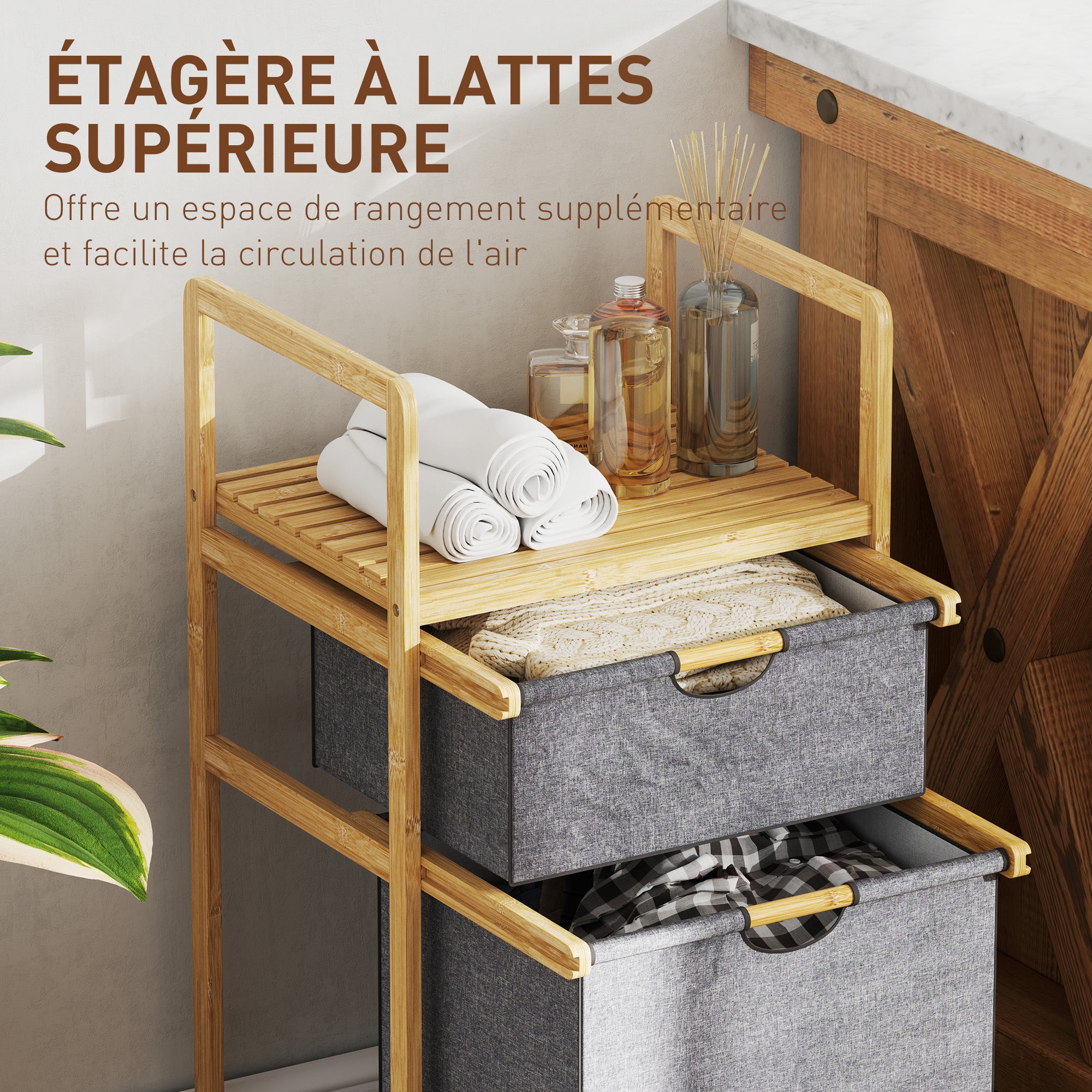 Bamboo Laundry Basket with 2 Sliding Fabric Bags and Slatted Shelf, Laundry Hamper for Bathroom, Bedroom, Laundry Room, Natural
