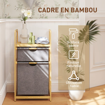 Bamboo Laundry Basket with 2 Sliding Fabric Bags and Slatted Shelf, Laundry Hamper for Bathroom, Bedroom, Laundry Room, Natural