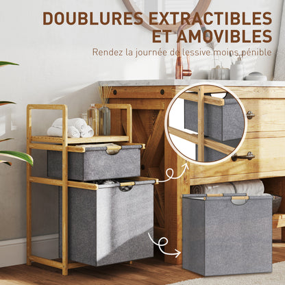 Bamboo Laundry Basket with 2 Sliding Fabric Bags and Slatted Shelf, Laundry Hamper for Bathroom, Bedroom, Laundry Room, Natural