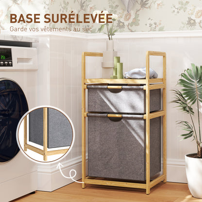 Bamboo Laundry Basket with 2 Sliding Fabric Bags and Slatted Shelf, Laundry Hamper for Bathroom, Bedroom, Laundry Room, Natural