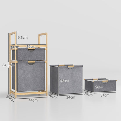 Bamboo Laundry Basket with 2 Sliding Fabric Bags and Slatted Shelf, Laundry Hamper for Bathroom, Bedroom, Laundry Room, Natural