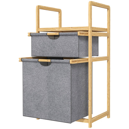 Bamboo Laundry Basket with 2 Sliding Fabric Bags and Slatted Shelf, Laundry Hamper for Bathroom, Bedroom, Laundry Room, Natural
