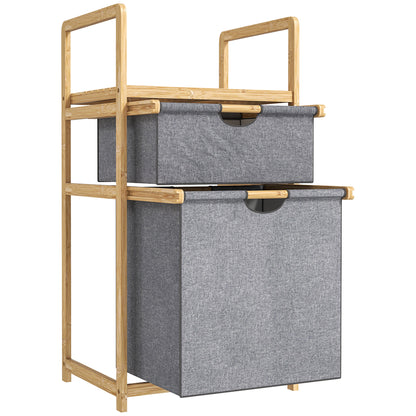 Bamboo Laundry Basket with 2 Sliding Fabric Bags and Slatted Shelf, Laundry Hamper for Bathroom, Bedroom, Laundry Room, Natural