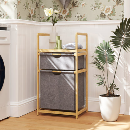 Bamboo Laundry Basket with 2 Sliding Fabric Bags and Slatted Shelf, Laundry Hamper for Bathroom, Bedroom, Laundry Room, Natural