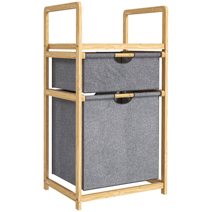 Bamboo Laundry Basket with 2 Sliding Fabric Bags and Slatted Shelf, Laundry Hamper for Bathroom, Bedroom, Laundry Room, Natural