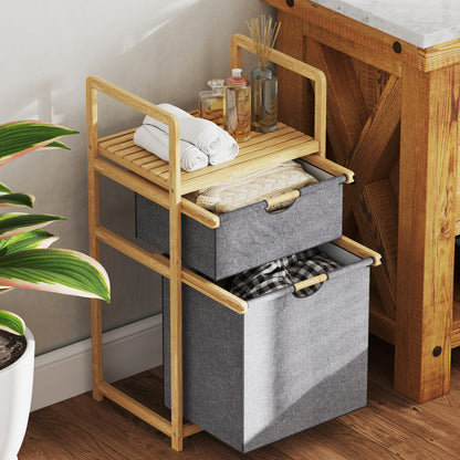Bamboo Laundry Basket with 2 Sliding Fabric Bags and Slatted Shelf, Laundry Hamper for Bathroom, Bedroom, Laundry Room, Natural