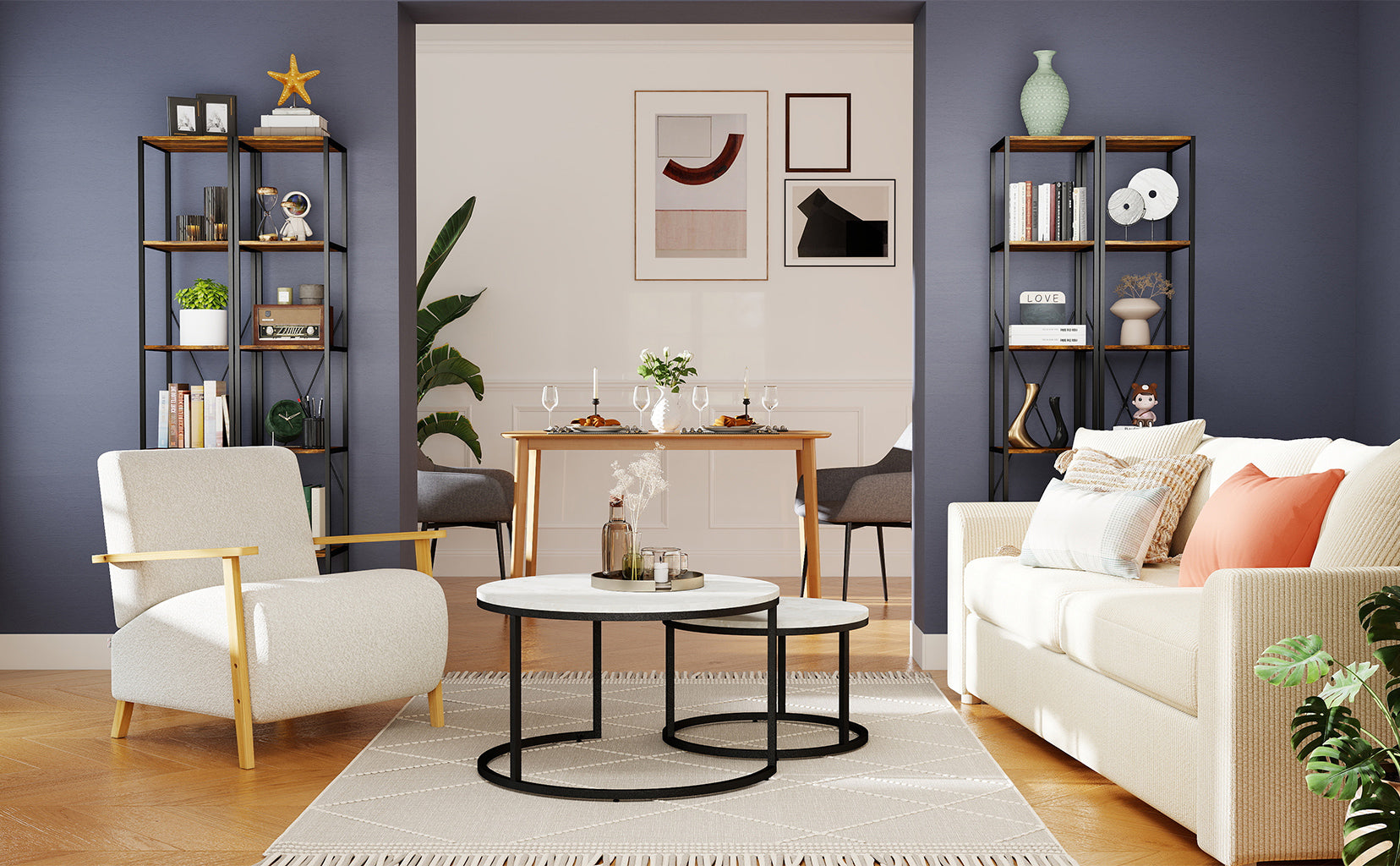 Modern living room with white sofa, armchair, and coffee table.