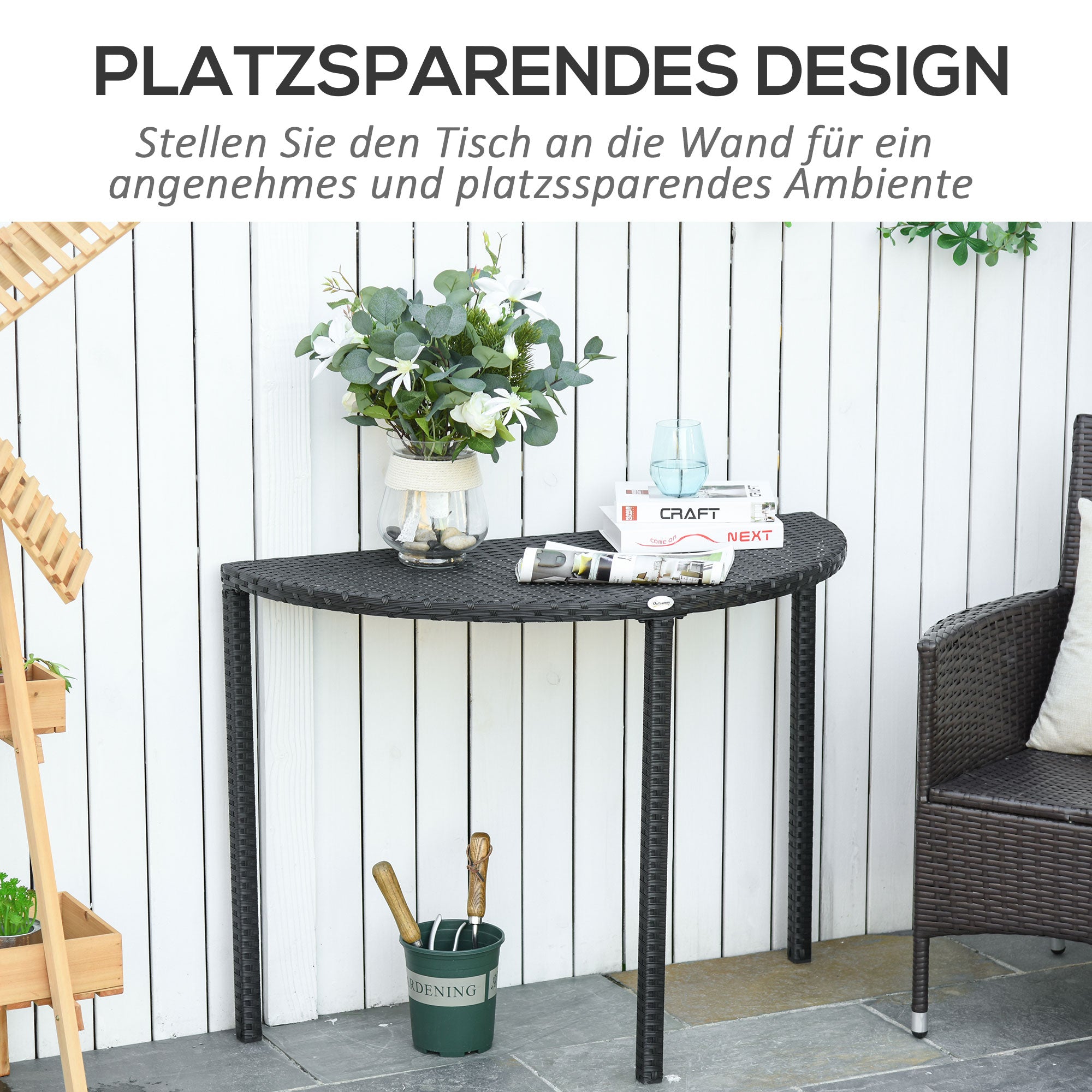Balcony Table Garden Side Table Table Outdoor Furniture semicircular Poly Rattan Metal Black 100 x 50 x 74 cm