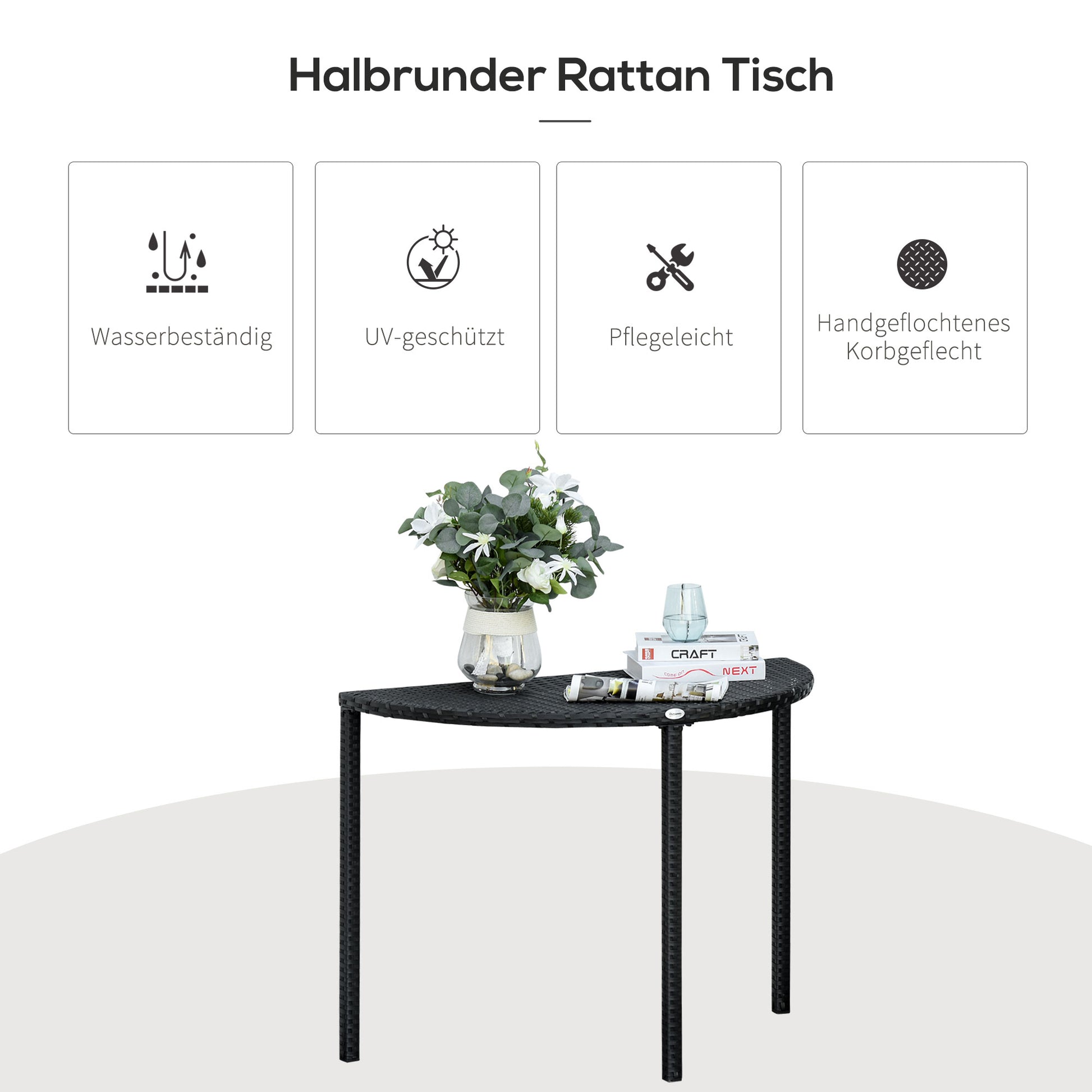 Balcony Table Garden Side Table Table Outdoor Furniture semicircular Poly Rattan Metal Black 100 x 50 x 74 cm