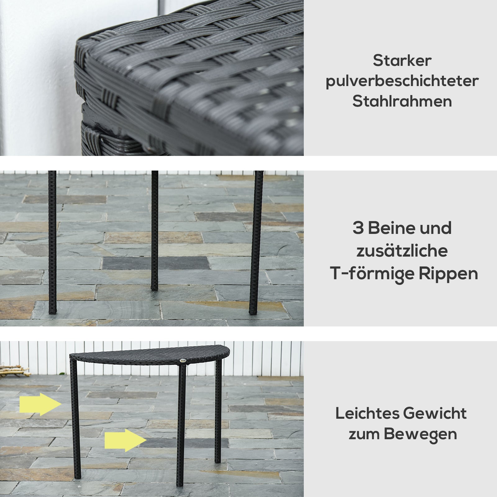 Balcony Table Garden Side Table Table Outdoor Furniture semicircular Poly Rattan Metal Black 100 x 50 x 74 cm