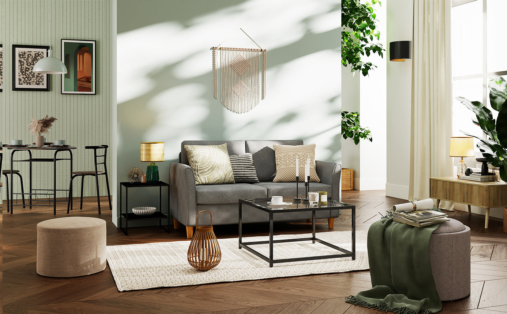 Modern living room with gray sofa, coffee table, and decorative items.