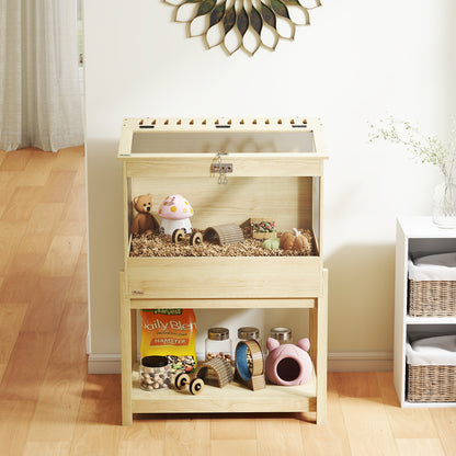 Hamster Cage 2 Tiers Small Animal Cage with Foldable Lid, Large Pet House Cage for Hamster Dwarf Hamster 83.2 x 50 x 103 cm Natural Wood