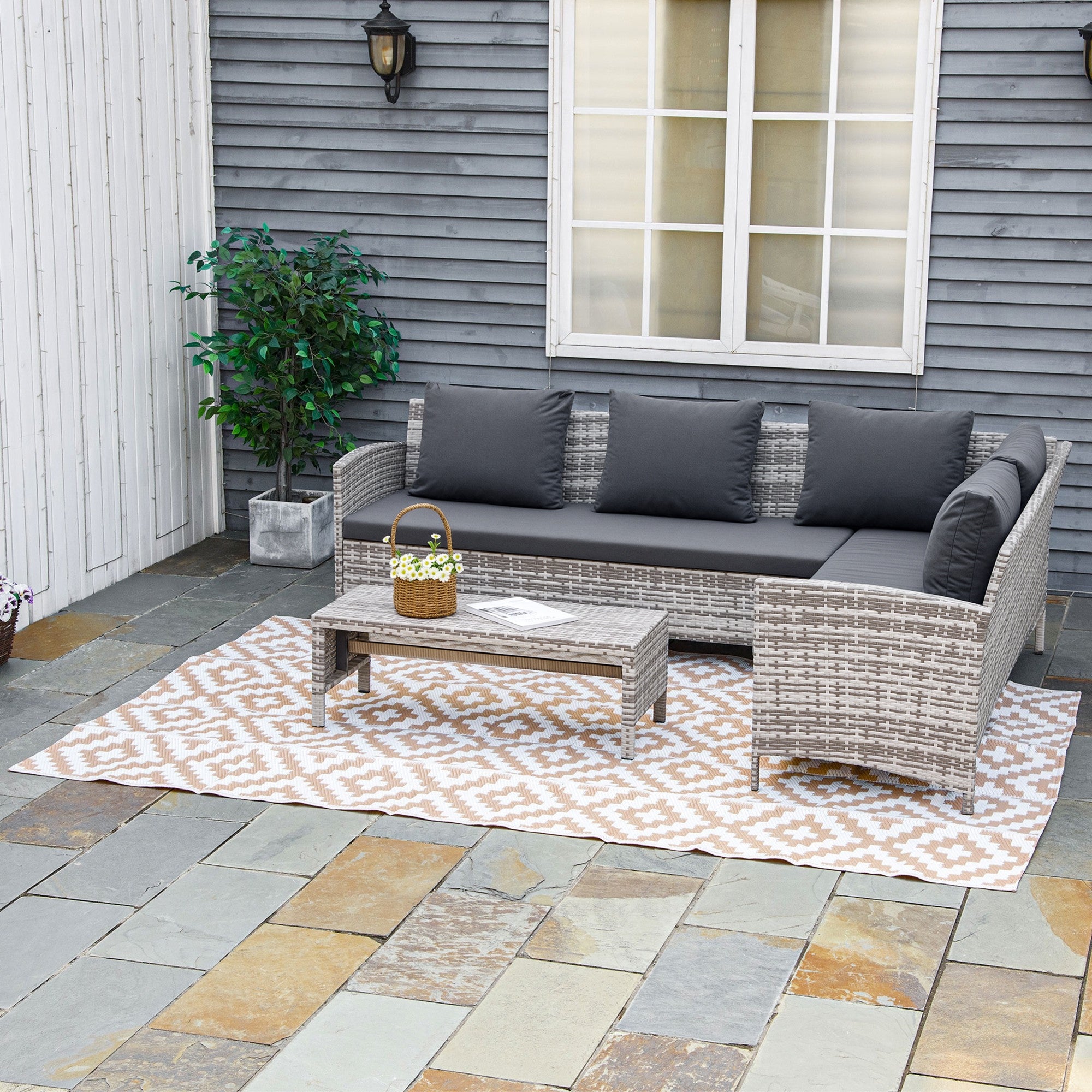 Outdoor Rug 182x274 cm Reversible Rug with Geometric Rhombus Pattern Waterproof for Terrace Balcony Patio Camping Beach Brown and White