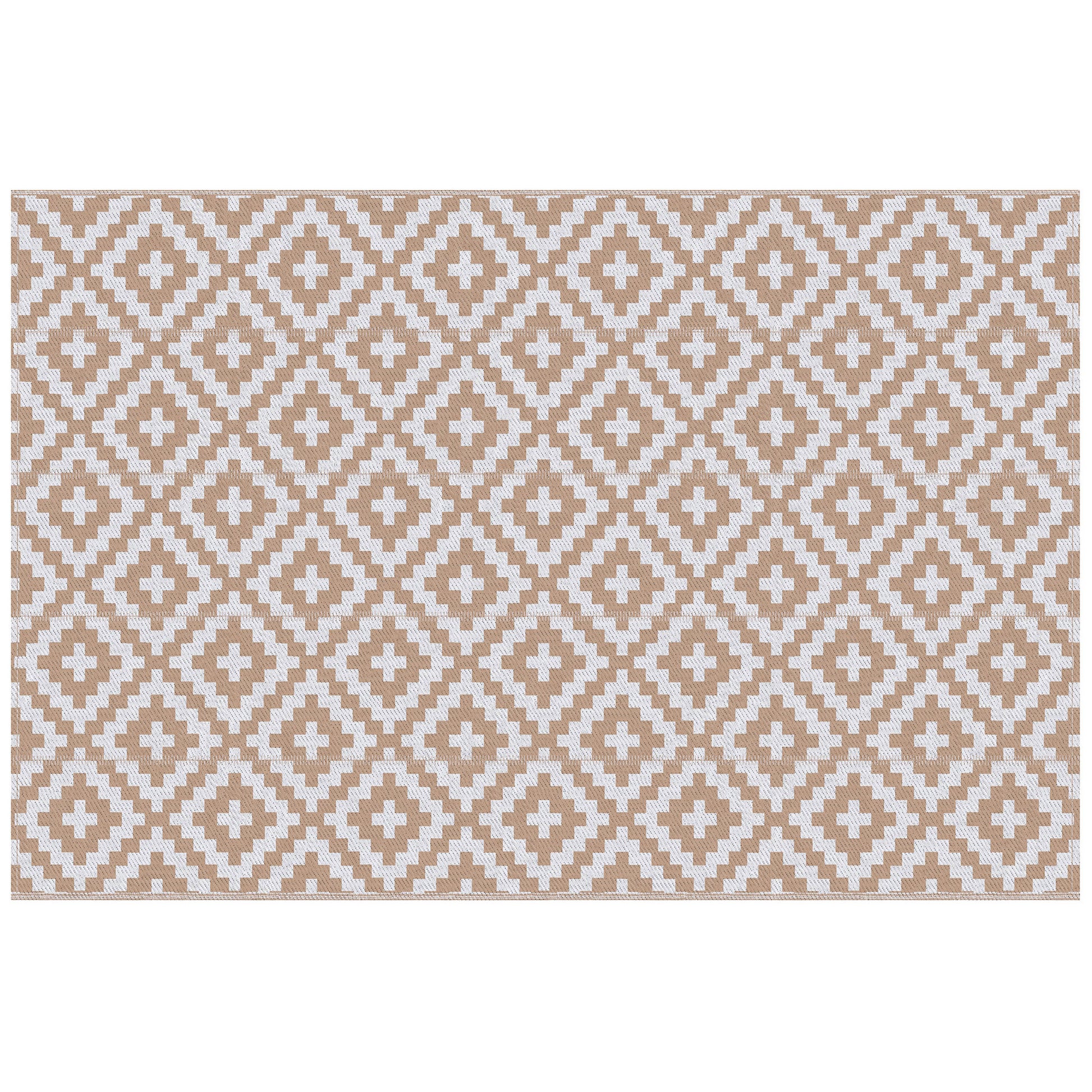 Outdoor Rug 182x274 cm Reversible Rug with Geometric Rhombus Pattern Waterproof for Terrace Balcony Patio Camping Beach Brown and White