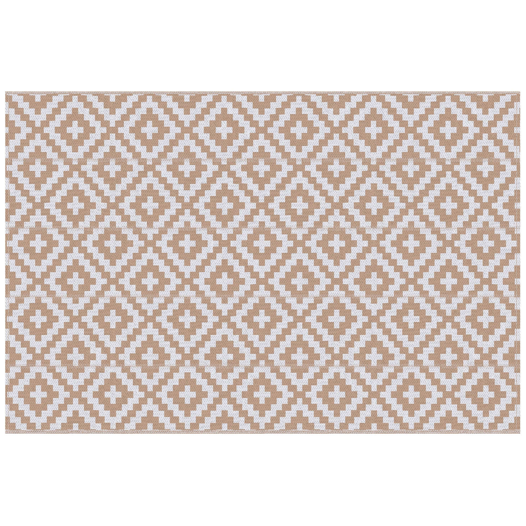 Outdoor Rug 182x274 cm Reversible Rug with Geometric Rhombus Pattern Waterproof for Terrace Balcony Patio Camping Beach Brown and White