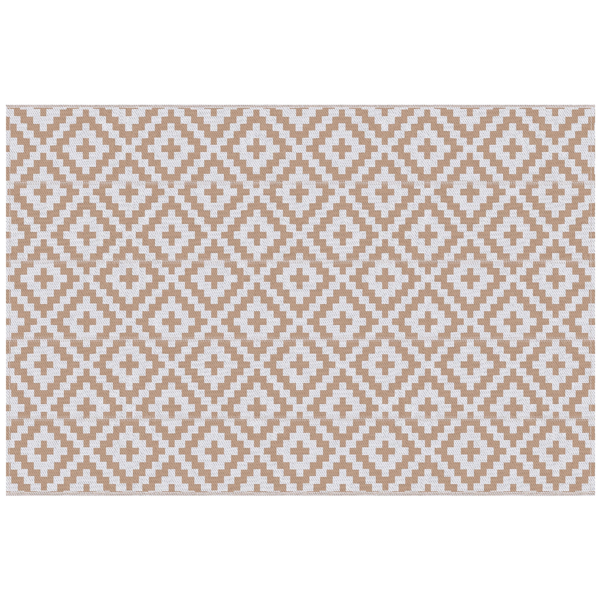 Outdoor Rug 182x274 cm Reversible Rug with Geometric Rhombus Pattern Waterproof for Terrace Balcony Patio Camping Beach Brown and White