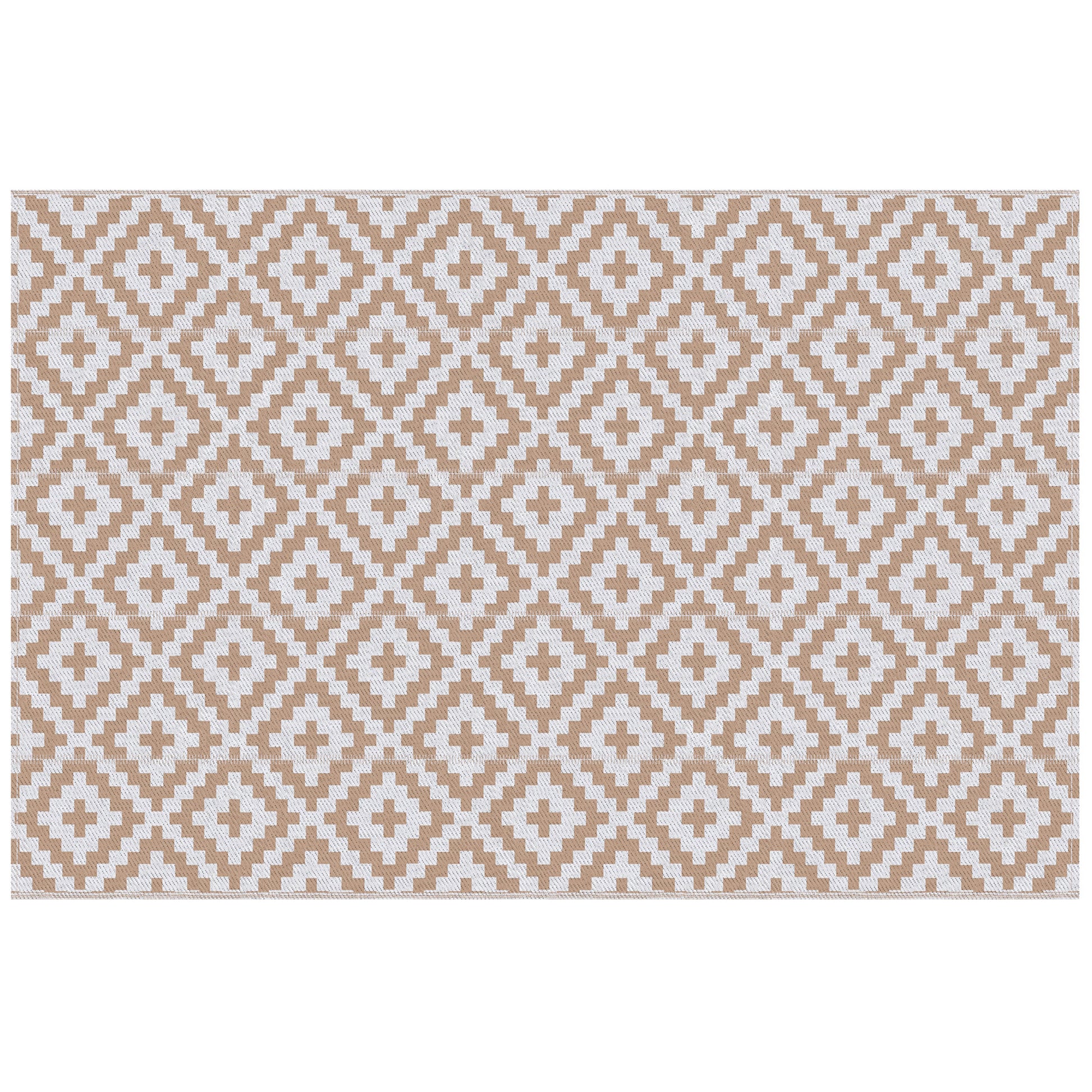 Outdoor Rug 182x274 cm Reversible Rug with Geometric Rhombus Pattern Waterproof for Terrace Balcony Patio Camping Beach Brown and White