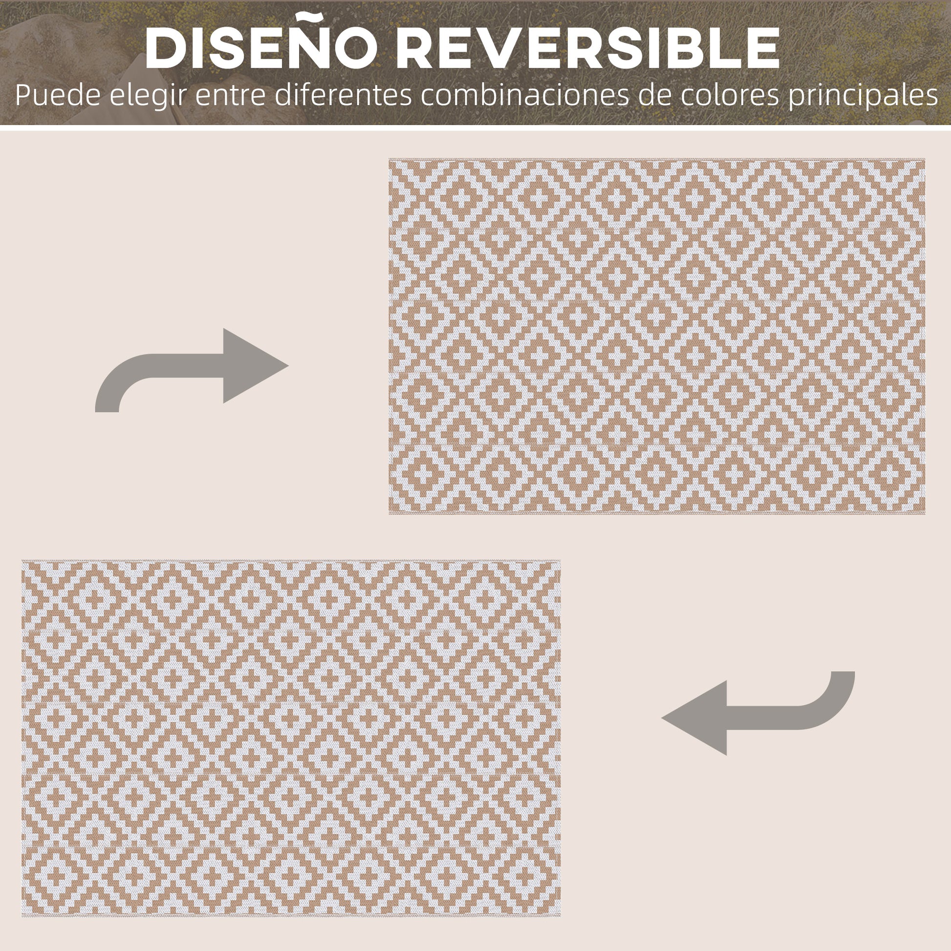Outdoor Rug 182x274 cm Reversible Rug with Geometric Rhombus Pattern Waterproof for Terrace Balcony Patio Camping Beach Brown and White