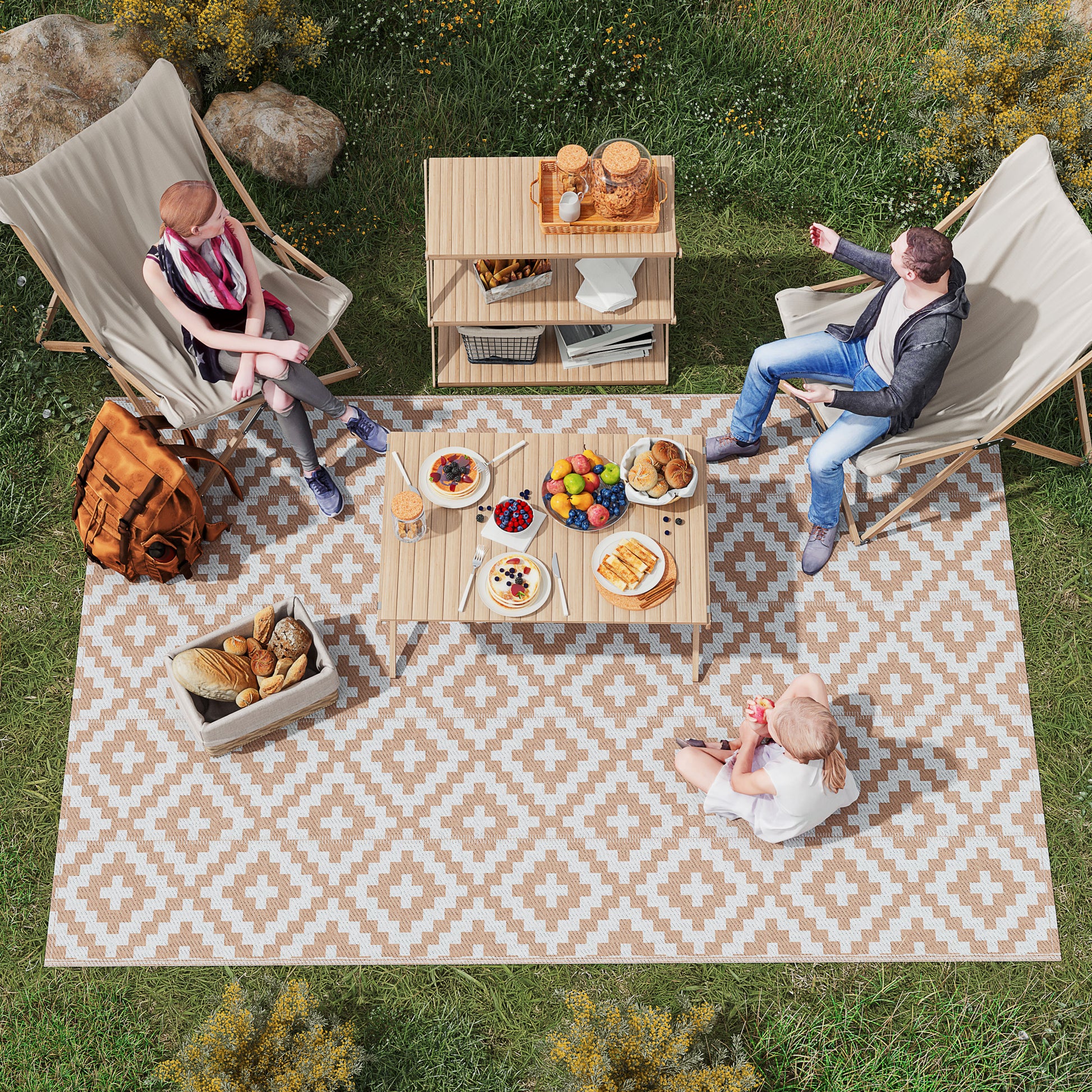 Outdoor Rug 182x274 cm Reversible Rug with Geometric Rhombus Pattern Waterproof for Terrace Balcony Patio Camping Beach Brown and White