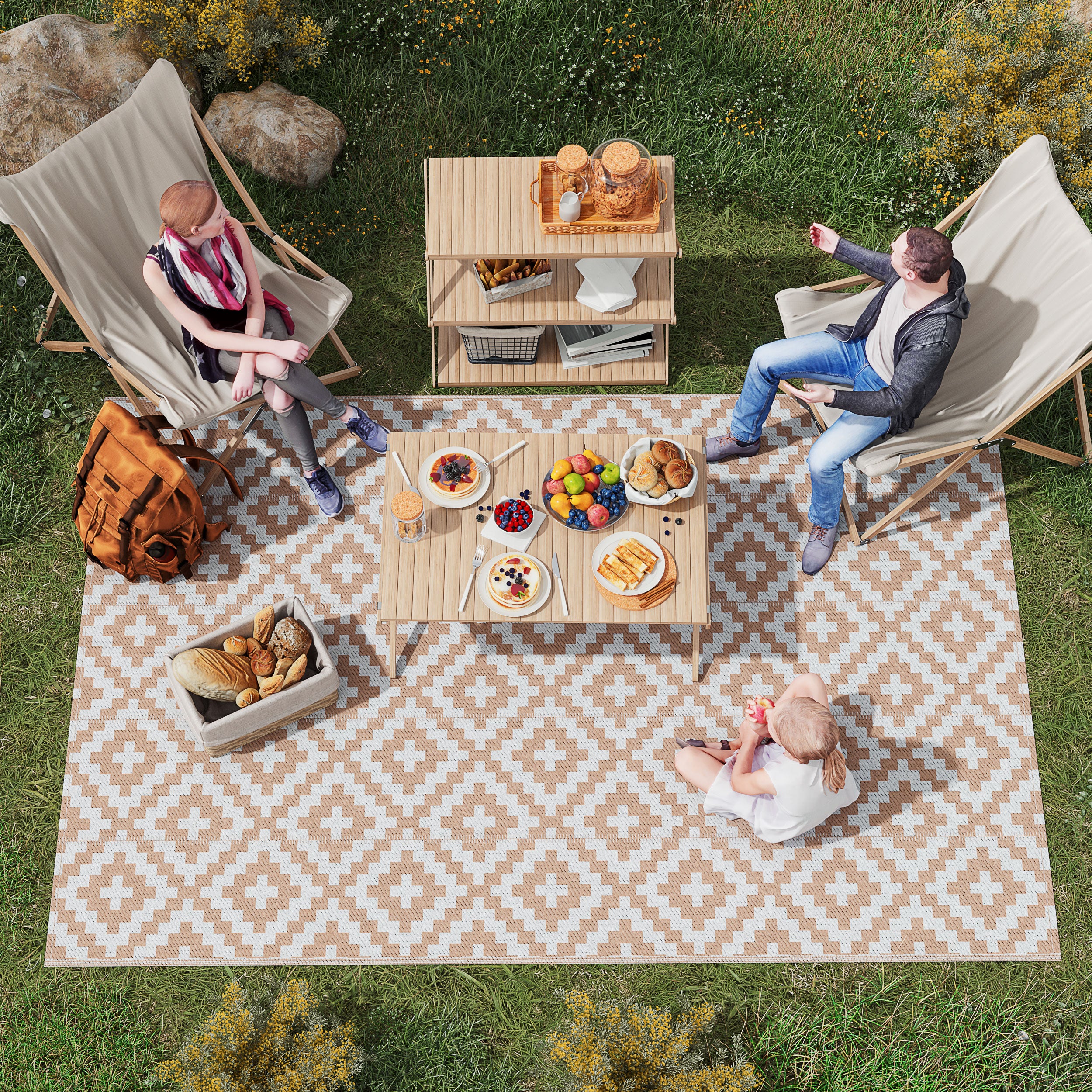 Outdoor Rug 182x274 cm Reversible Rug with Geometric Rhombus Pattern Waterproof for Terrace Balcony Patio Camping Beach Brown and White