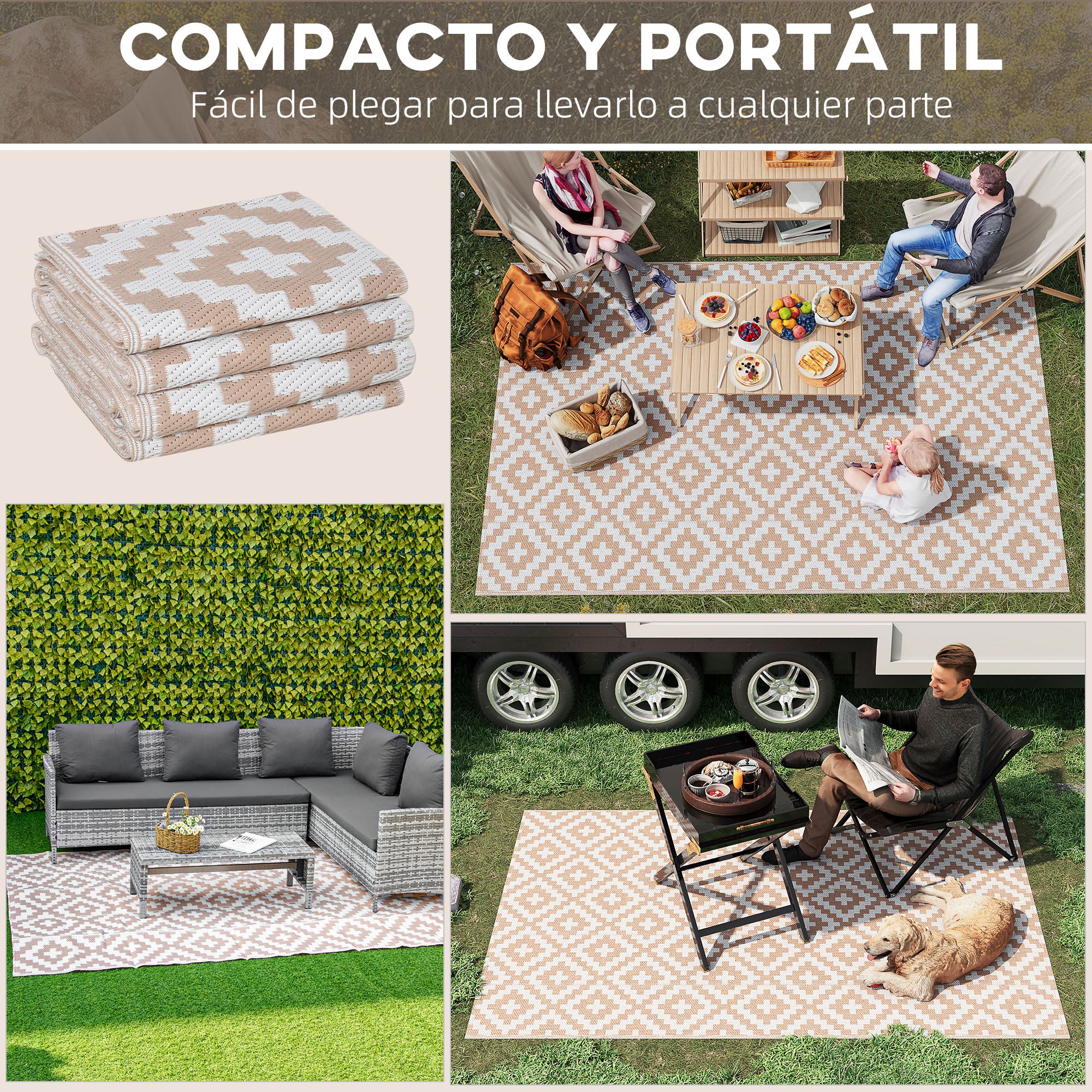 Outdoor Rug 182x274 cm Reversible Rug with Geometric Rhombus Pattern Waterproof for Terrace Balcony Patio Camping Beach Brown and White