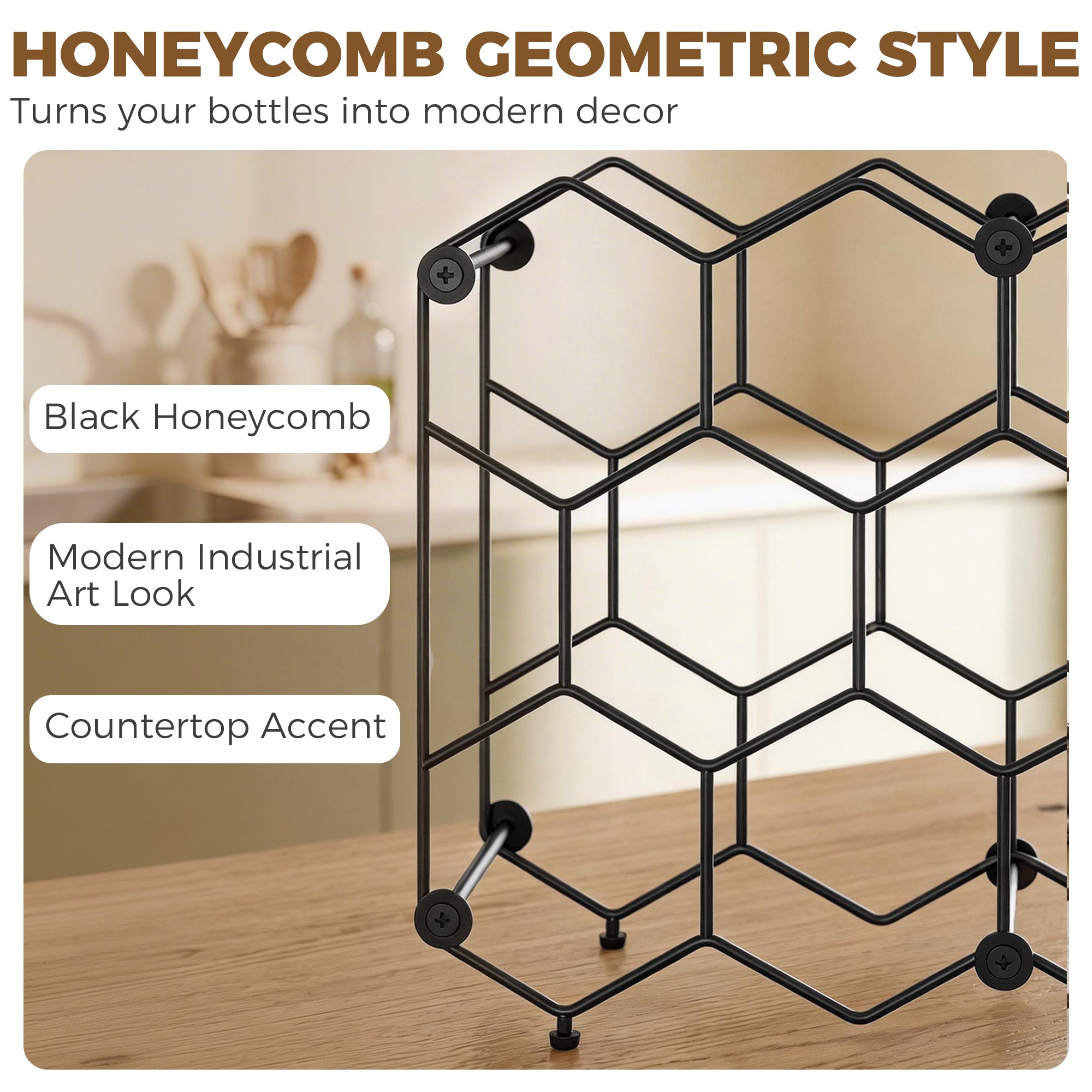 Industrial Honeycomb Wine Rack for 13 Bottles, Metal, Adjustable Feet & Anti-Tip Strap, Black